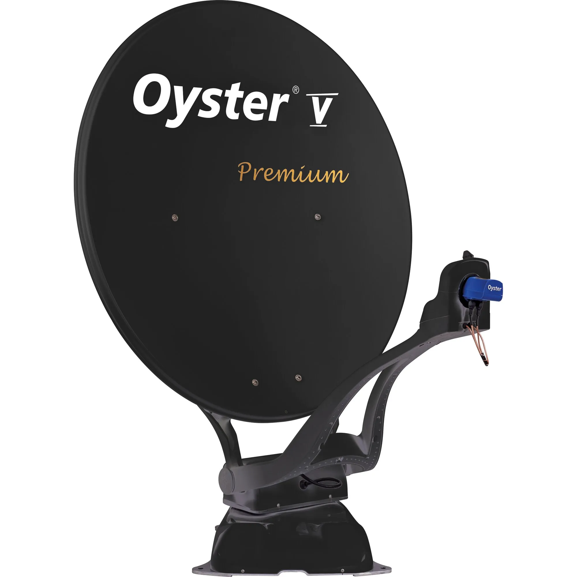 Anthrazitfarbene Oyster V Sat-Anlage mit großer Parabolantenne, Twin-LNB und Montagefuß