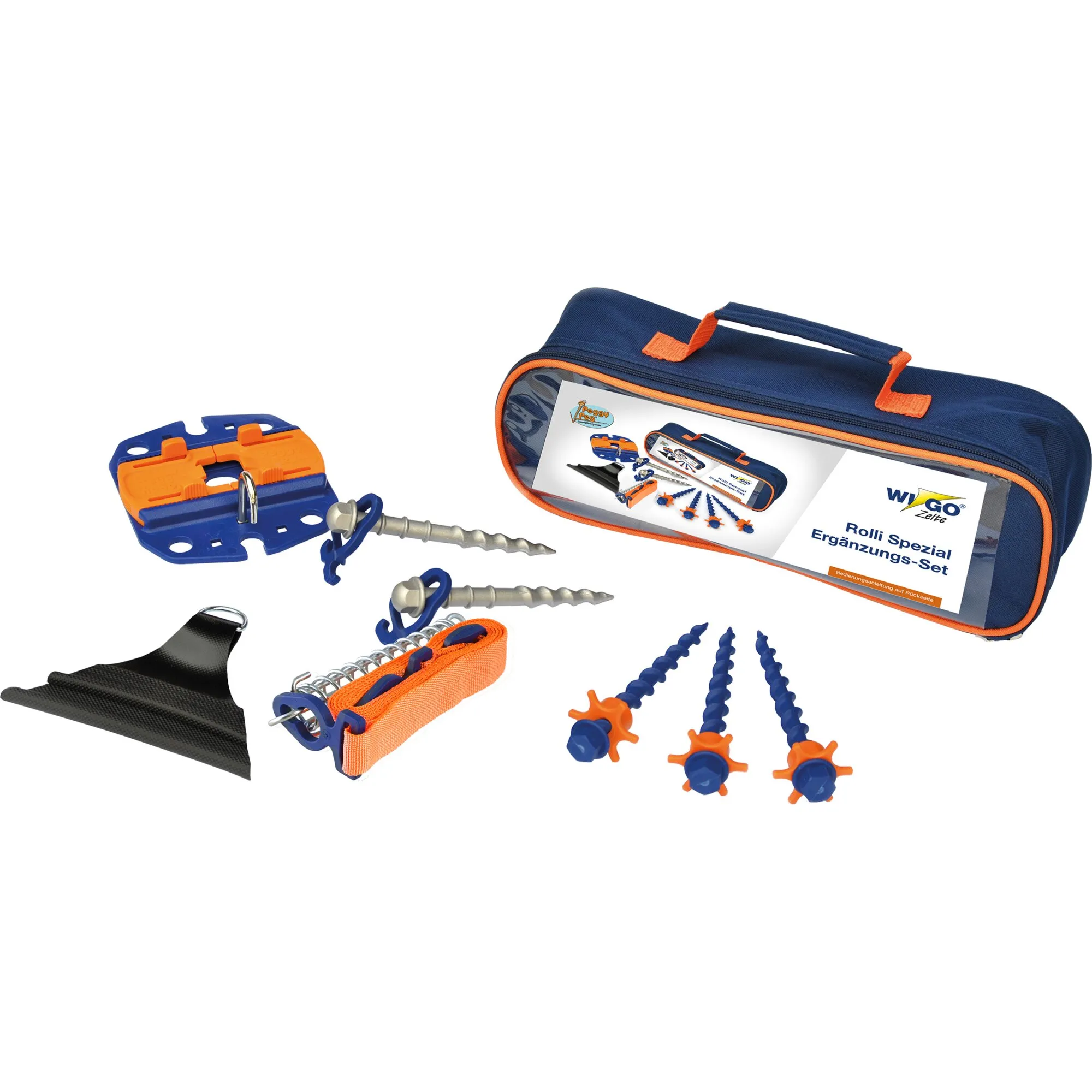 Ergänzungs-Set Peggy Peg mit blau-orangefarbener Tasche, Schraubheringen, Gurten und verschiedenen Befestigungsteilen