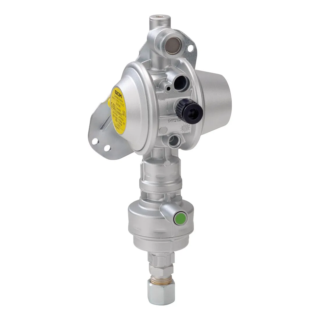 Sicherheits-Gasdruck-Regelanlage Caramatic DriveOne Set aus silbernem Metall mit vertikalem Anschluss, schwarzem Drehknopf und grünem Sichtfenster