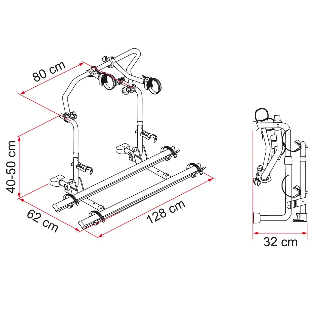 Fahrradträger Carry-Bike Pro C L80 mit zwei Radschienen und Befestigungsbügel, bemaßt mit 128 × 62 × 80 cm und 32 cm Faltetiefe
