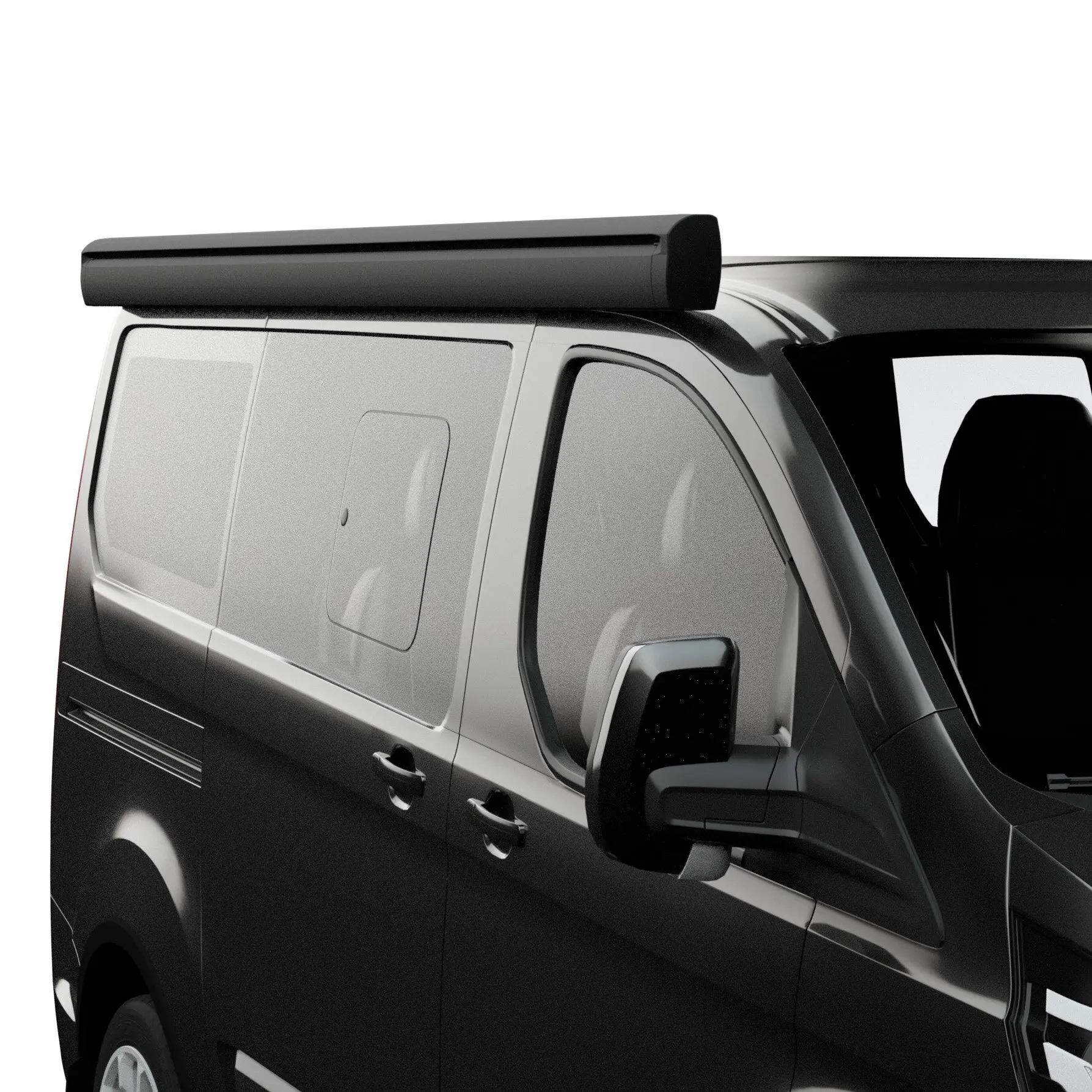 Seitenansicht eines dunklen Vans mit dachmontierter, geschlossener Markise F43van 270 cm, schwarzes Gehäuse