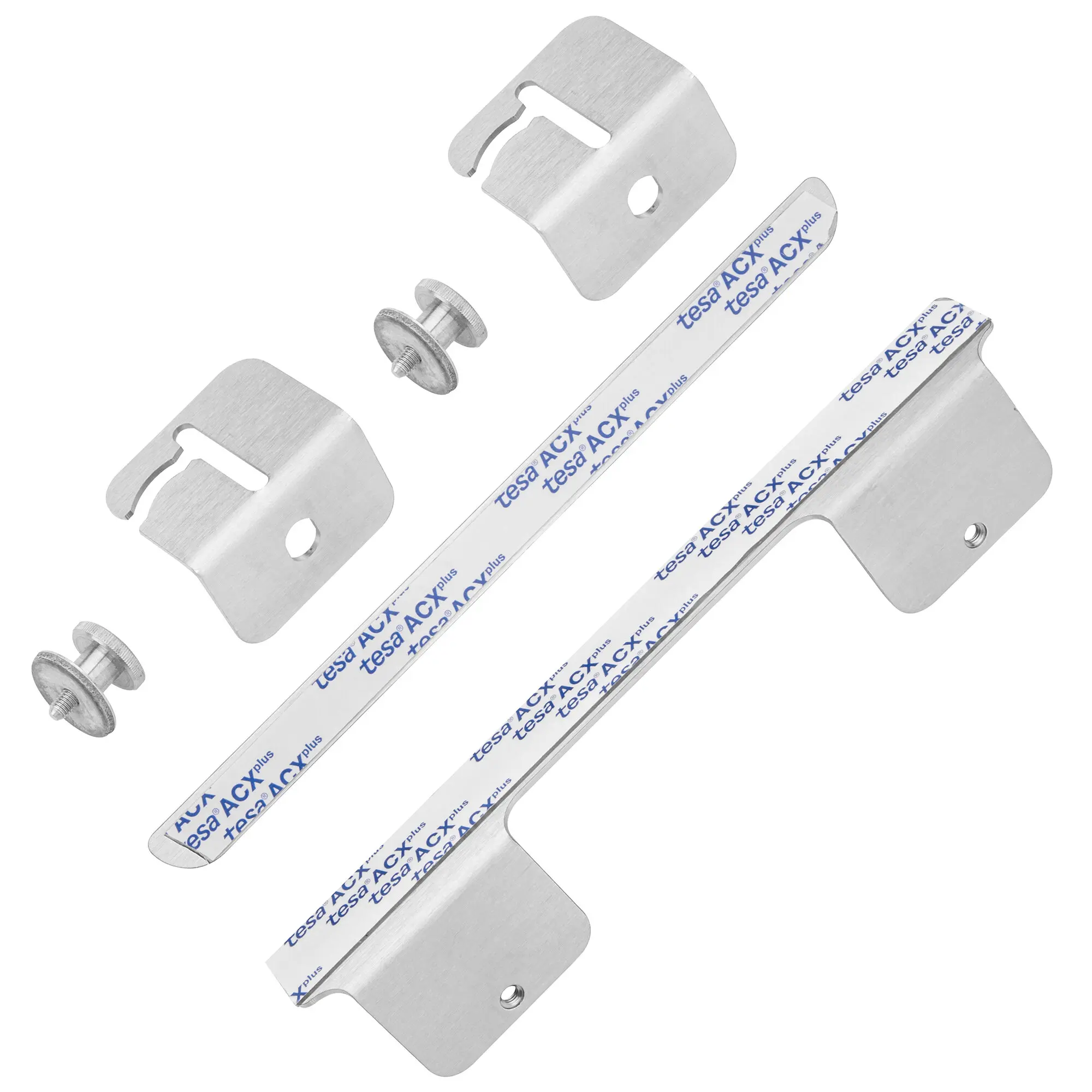 Mehrteilige Metallbauteile eines Sicherheitsprofils RK T-82: flache Halteplatten mit abgerundeten Ecken und Bohrungen, Schrauben und Tesa-ACX-Plus