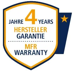 Schildförmiges Abzeichen in Weiß, Dunkelblau und Gold mit der Aufschrift 4 Jahre Herstellergarantie und MFR Warranty sowie einem goldenen Stern