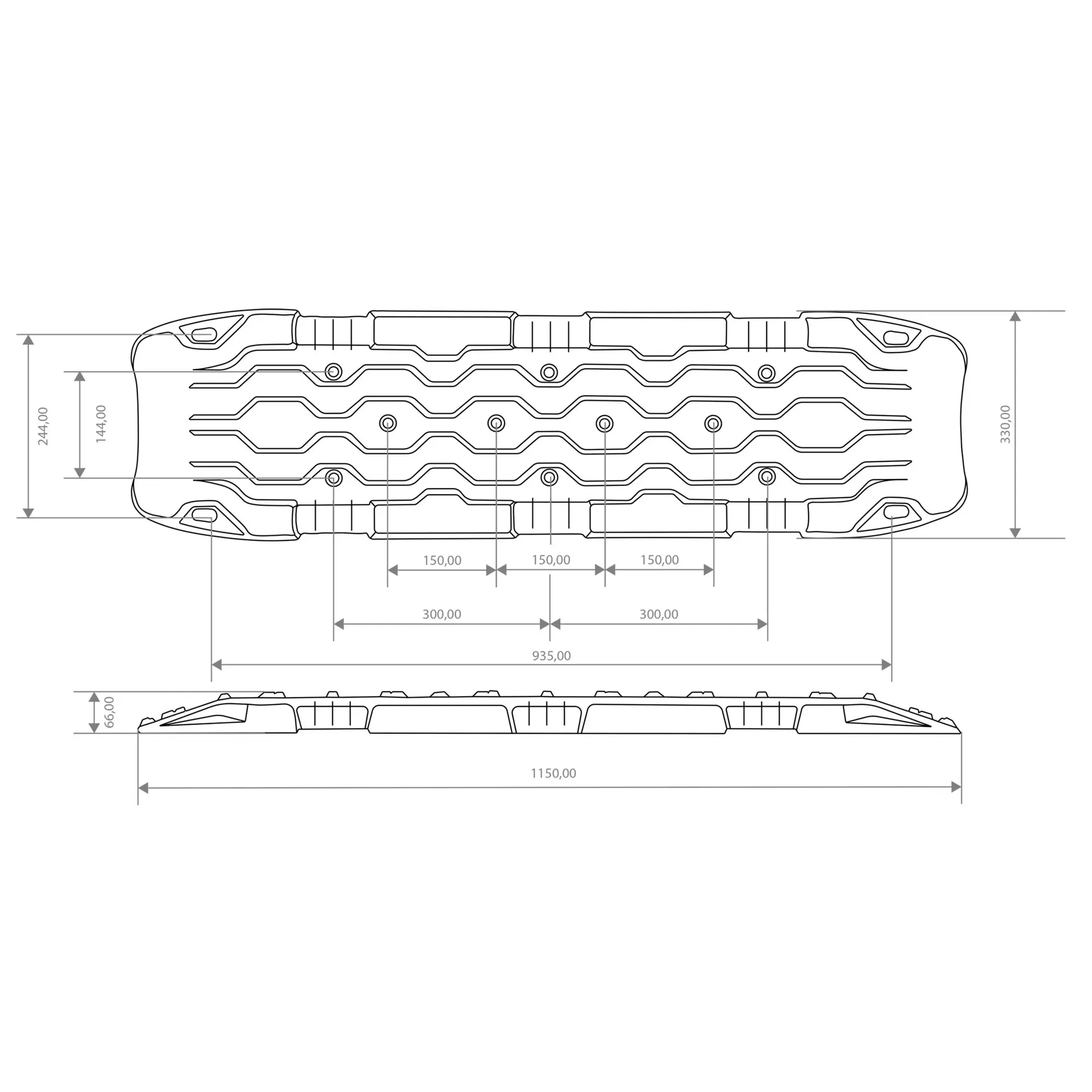 Technische Zeichnung der Gripplatte Recovery Boards 2er‑Set, Grundriss- und Seitenansicht mit Maßangaben in Millimetern, Profilrillen und Bohrungen