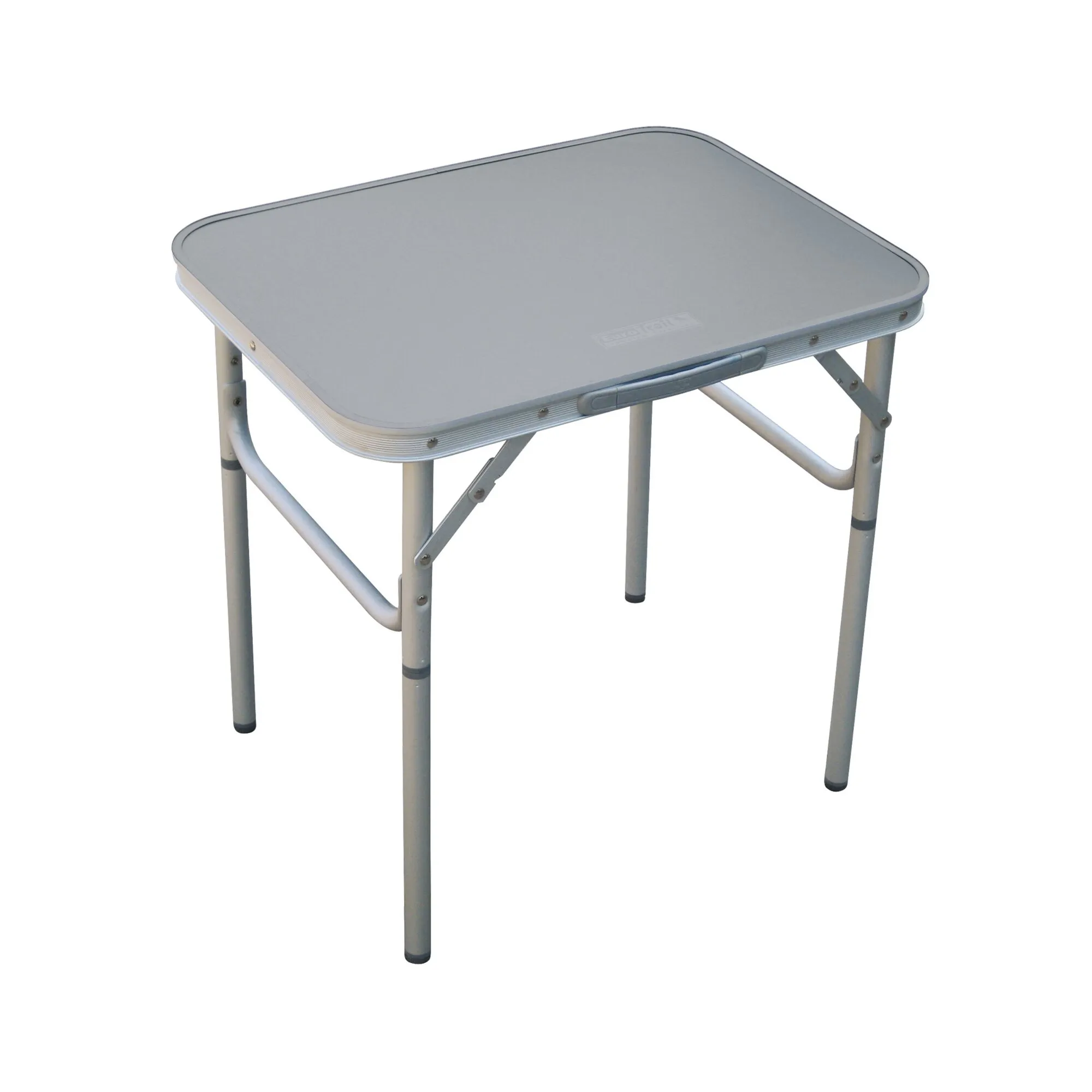 Campingtisch Santé mit grauer, abgerundeter Tischplatte und klappbarem Gestell aus hellen Metallrohren, freigestellt vor weißem Hintergrund