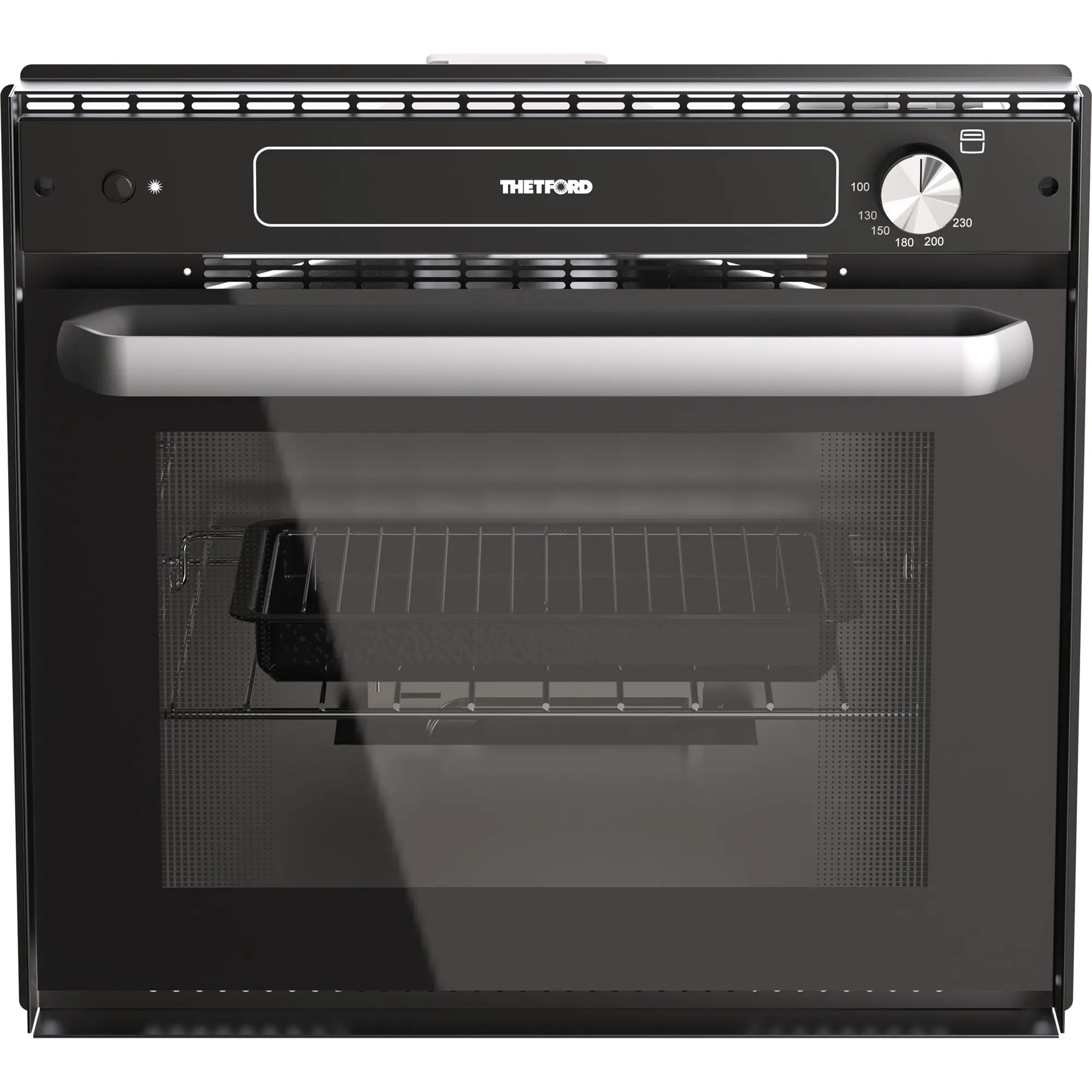 Frontansicht eines schwarzen Backofens Duplex XS mit langem Edelstahlgriff, rechts sichtbarer Temperaturregler 100–230 und Innenraum mit Rostgitter