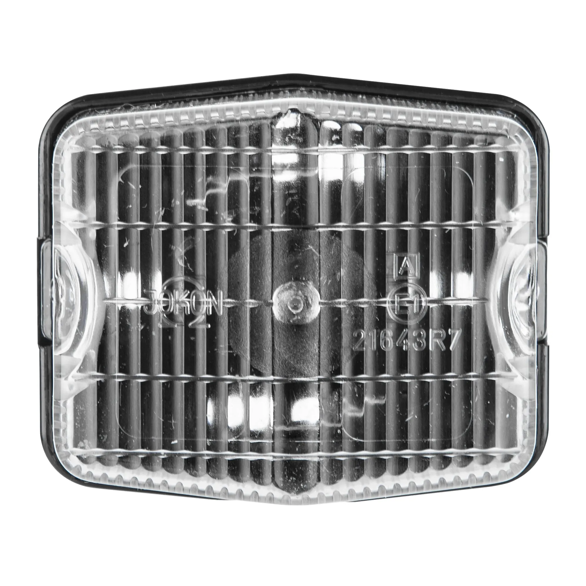 Begrenzungsleuchte PL 115 mit rechteckigem transparentem Lichtglas, schwarzem Rand und eingeprägten Prüfkennzeichnungen