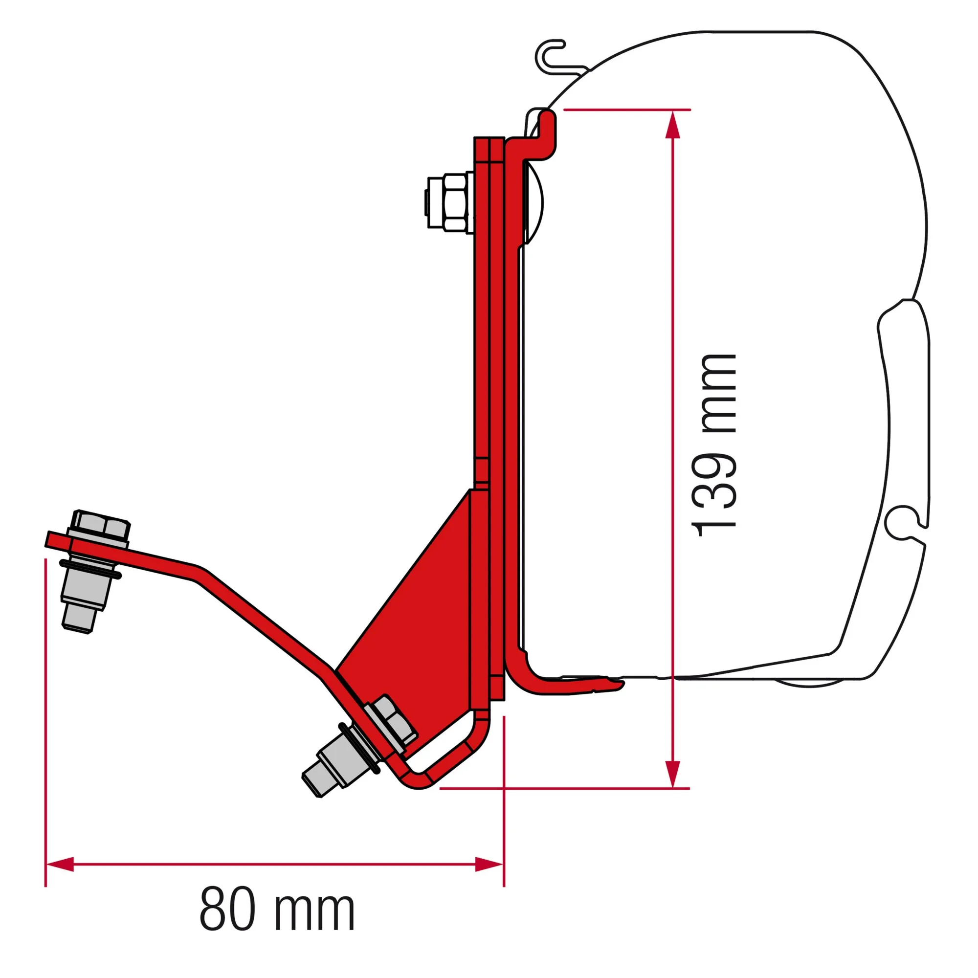 Technische Seitenansicht des roten Kits für Fiat Ducato Hymercar H2 mit Aufstelldach, Bemaßung 80 mm und 139 mm