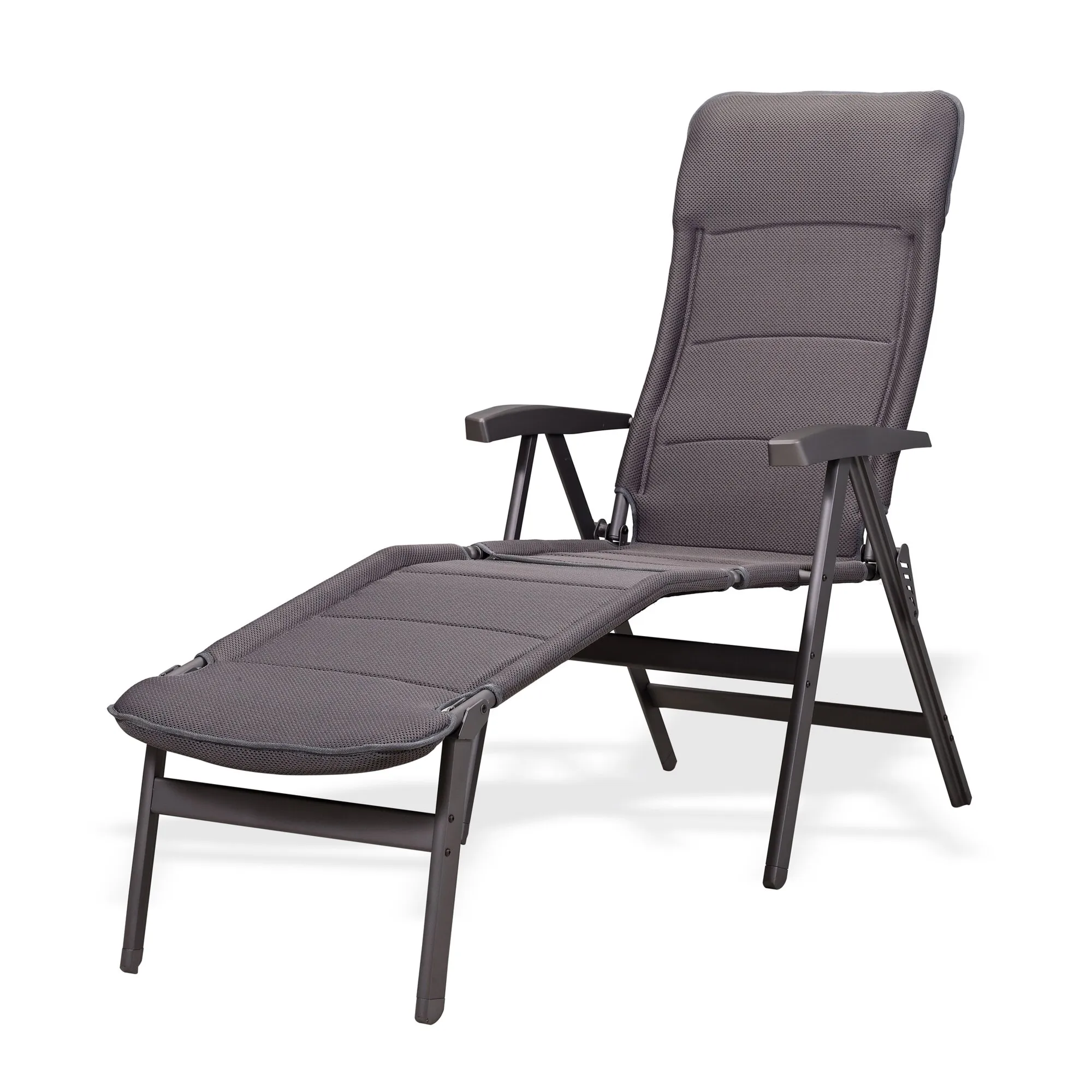 Grauer Campingstuhl Noblesse Deluxe mit verstellbarer Rückenlehne, Armlehnen und ausgeklappter Beinauflage