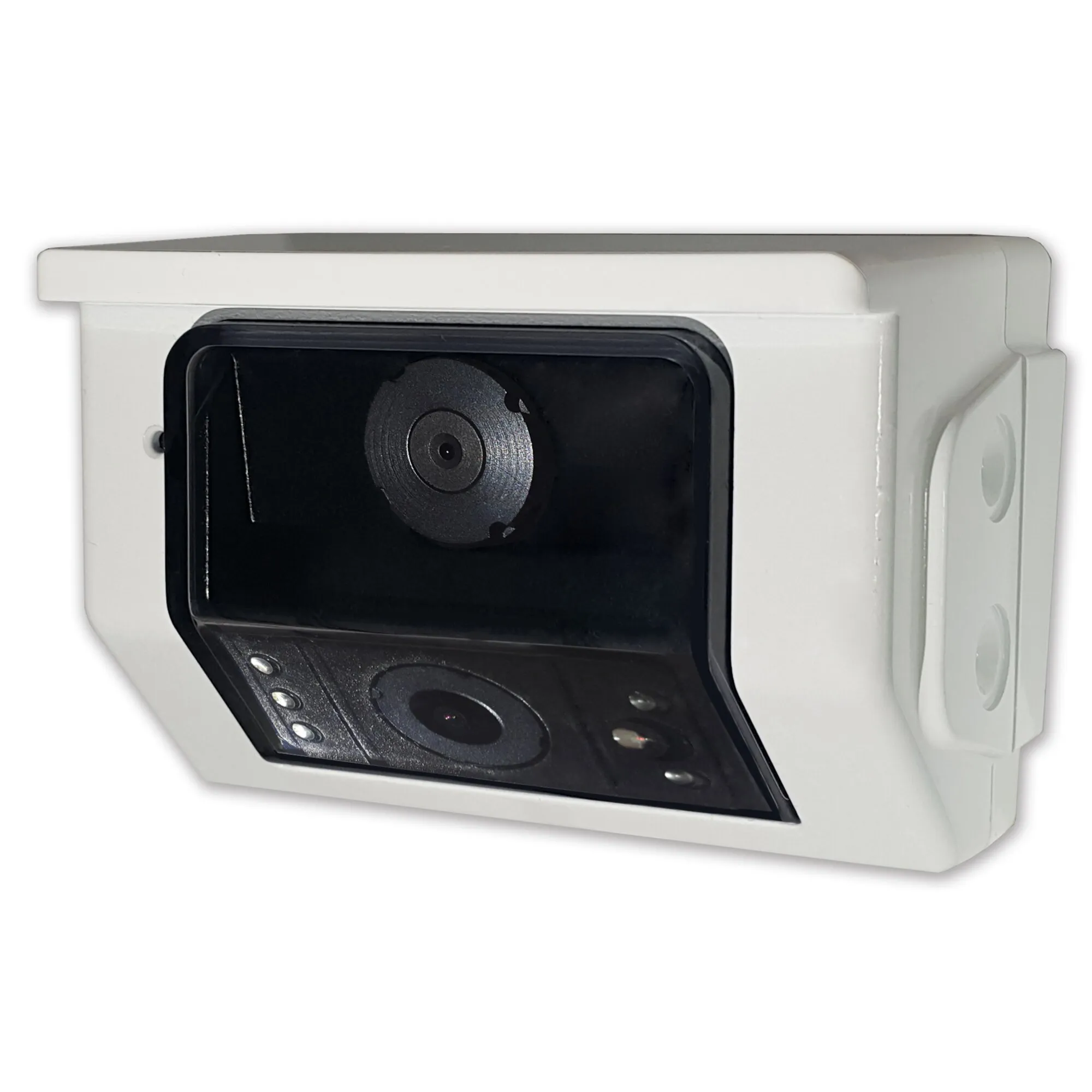 Weiße Rückfahrkamera Camos TwinView CM-510 mit zwei schwarzen Kameraobjektiven und LED-Leuchten im Gehäuse