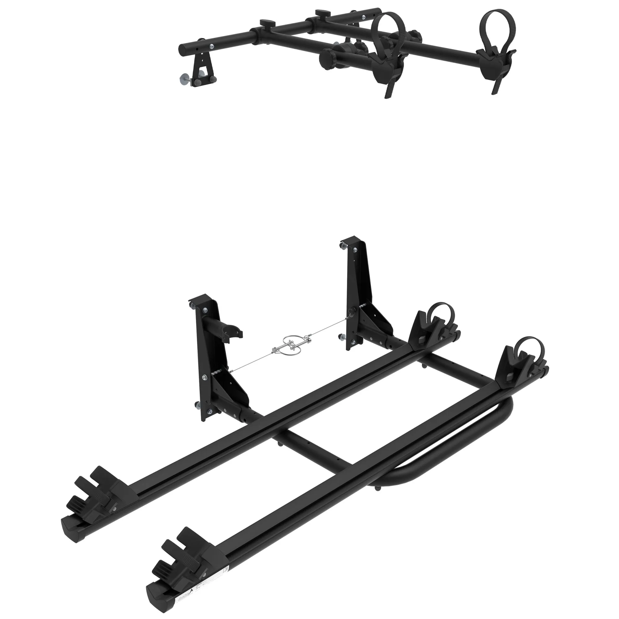 Schwarzes Trägersystem X-Rack Bike mit zwei Fahrradschienen, Rahmenhalterungen und Befestigungsriemen in perspektivischer Ansicht