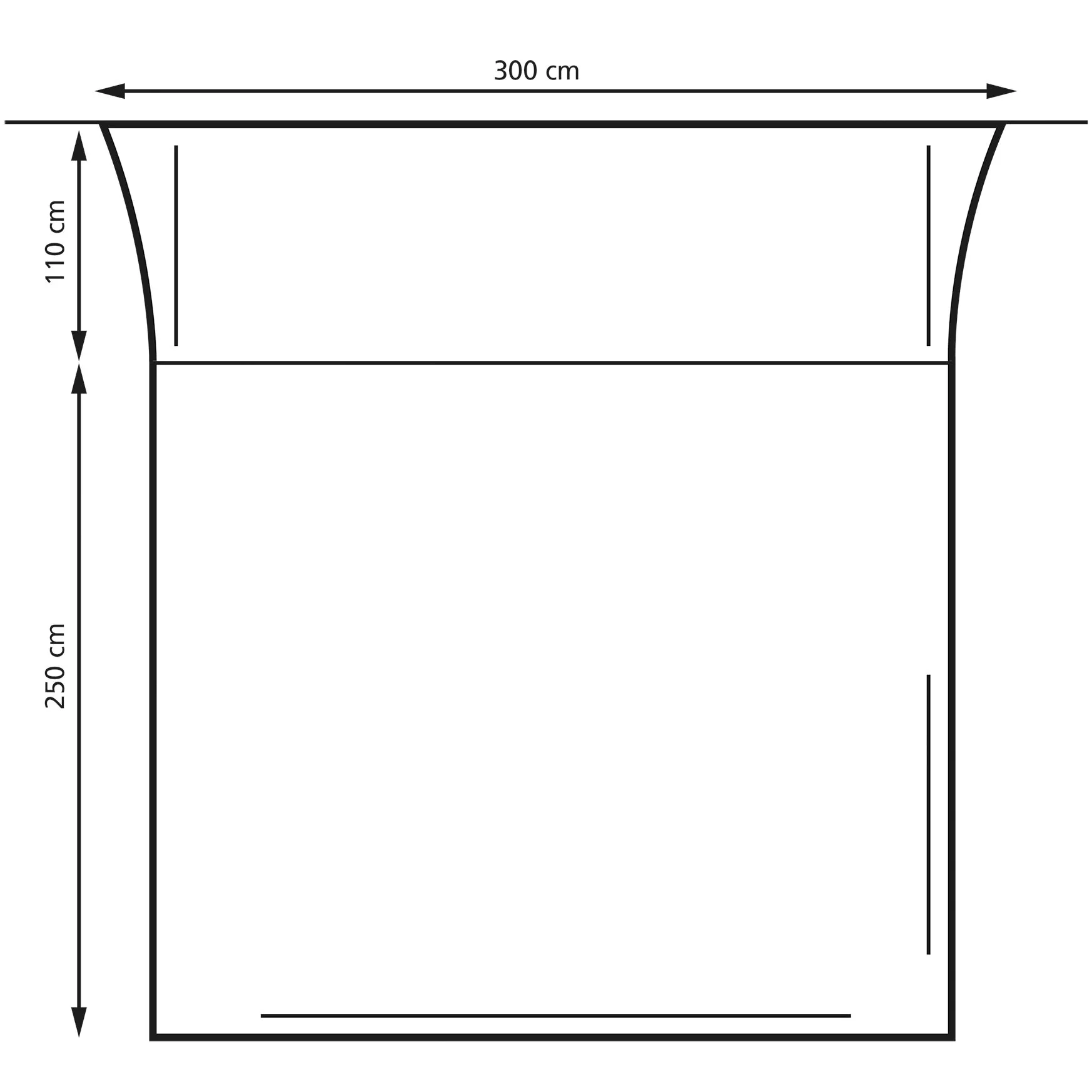 Maßskizze des Busvorzelts San Marino/Portofino mit 300 cm Breite, 110 cm Anschlussbereich und 250 cm Tiefe