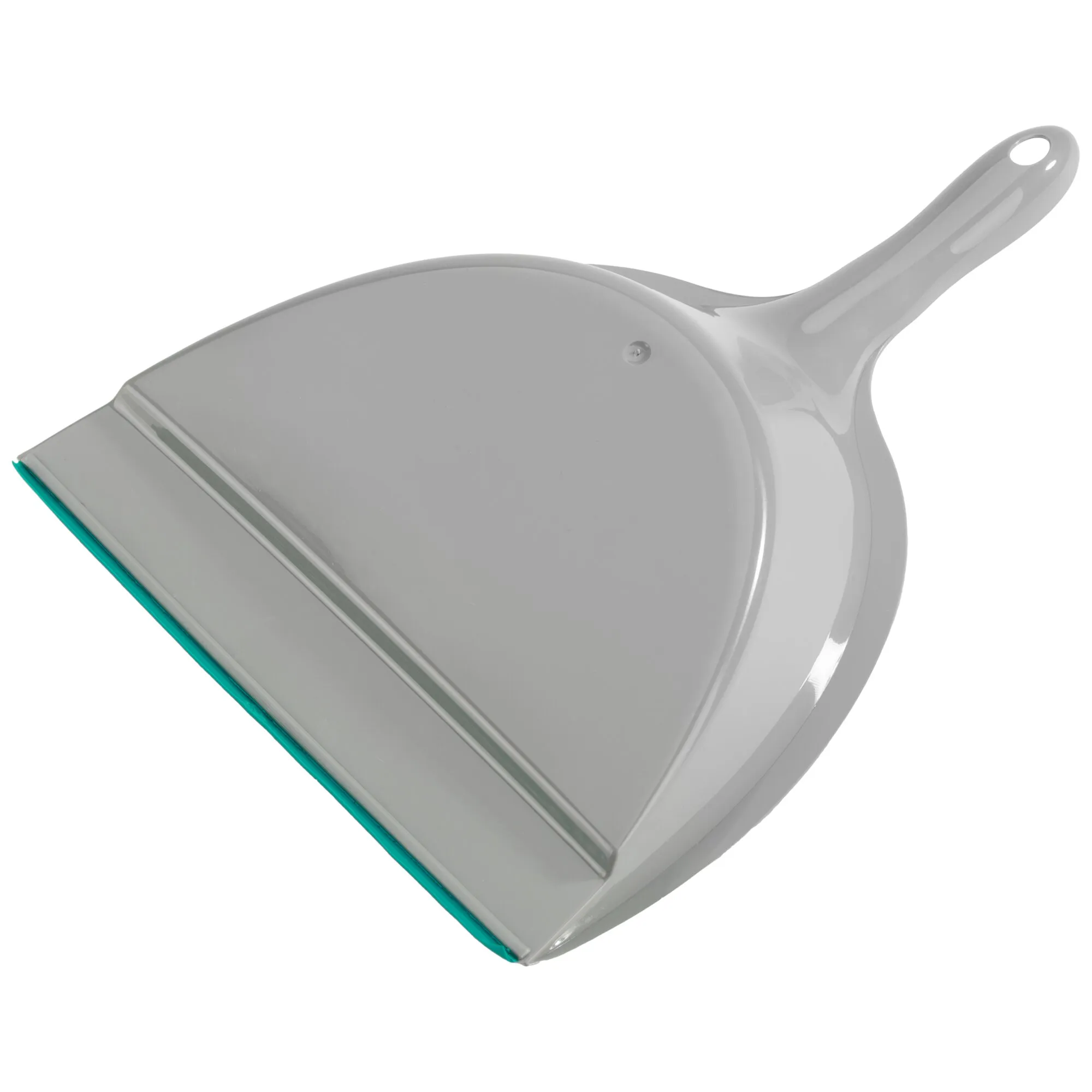 Graues Kehrblech des Kehrsets Scoopy mit türkisfarbener Gummilippe und ergonomischem Griff mit Aufhängeöffnung