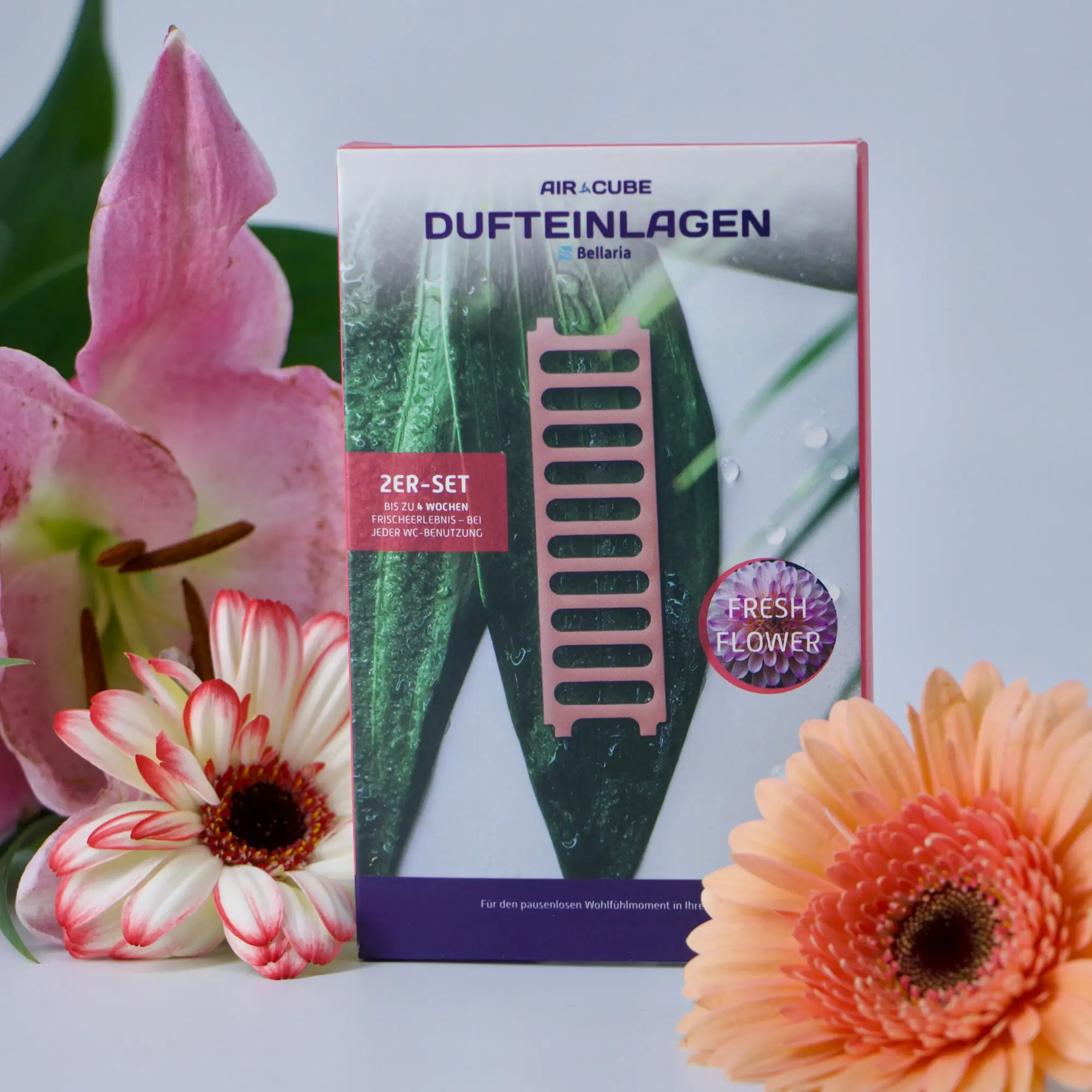 Verpackung für Dufteinlagen Flower Breeze mit großem Schriftzug DUFT EINLAGEN, pinkem Akzentstreifen, von Blumen umgeben