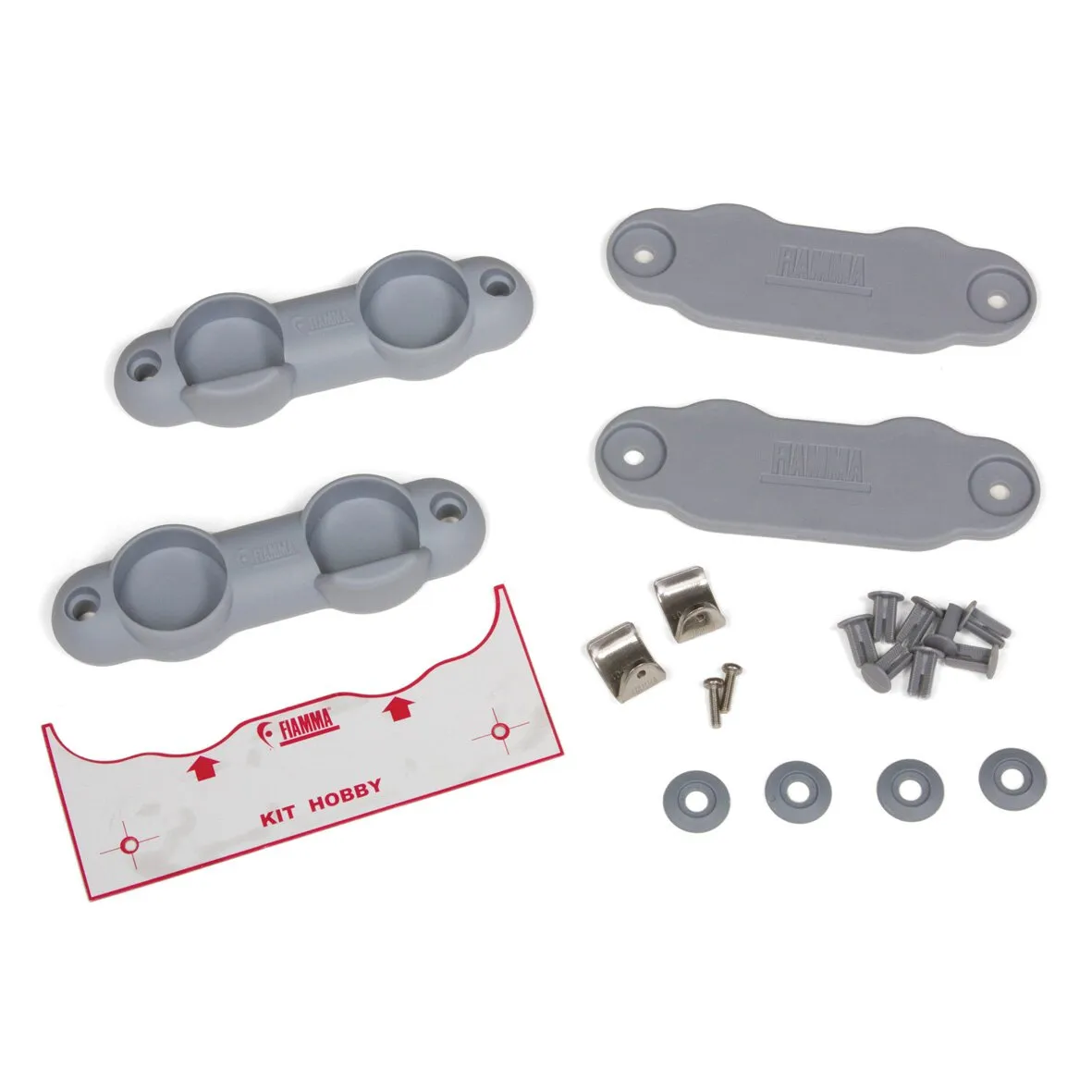 Kit Hobby CaravanStore von Fiamma mit grauen Halterungen, Abdeckplatten, Schrauben, Clips, Unterlegscheiben und Montageschablone