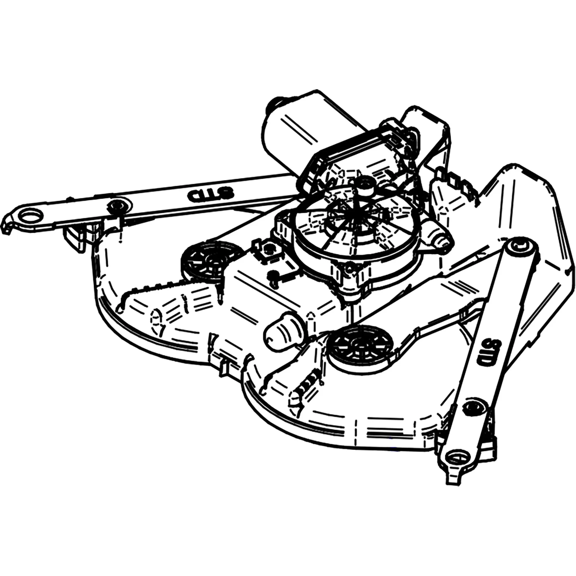 Technische Strichzeichnung des Thule Slide-Out Step G2 12V Motors mit Scheren-Mechanismus und Befestigungsteilen