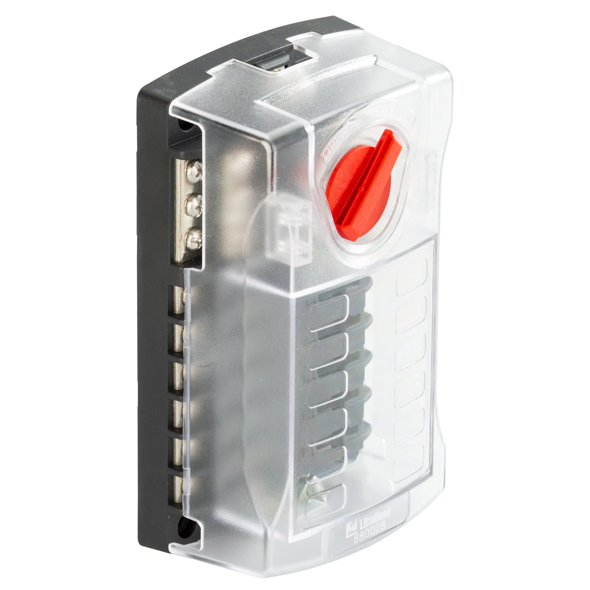 Schwarzer Sicherungsblock ST ATO Series von Littelfuse mit transparenter Schutzabdeckung, rotem Drehverschluss und zwölf Sicherungsplätzen