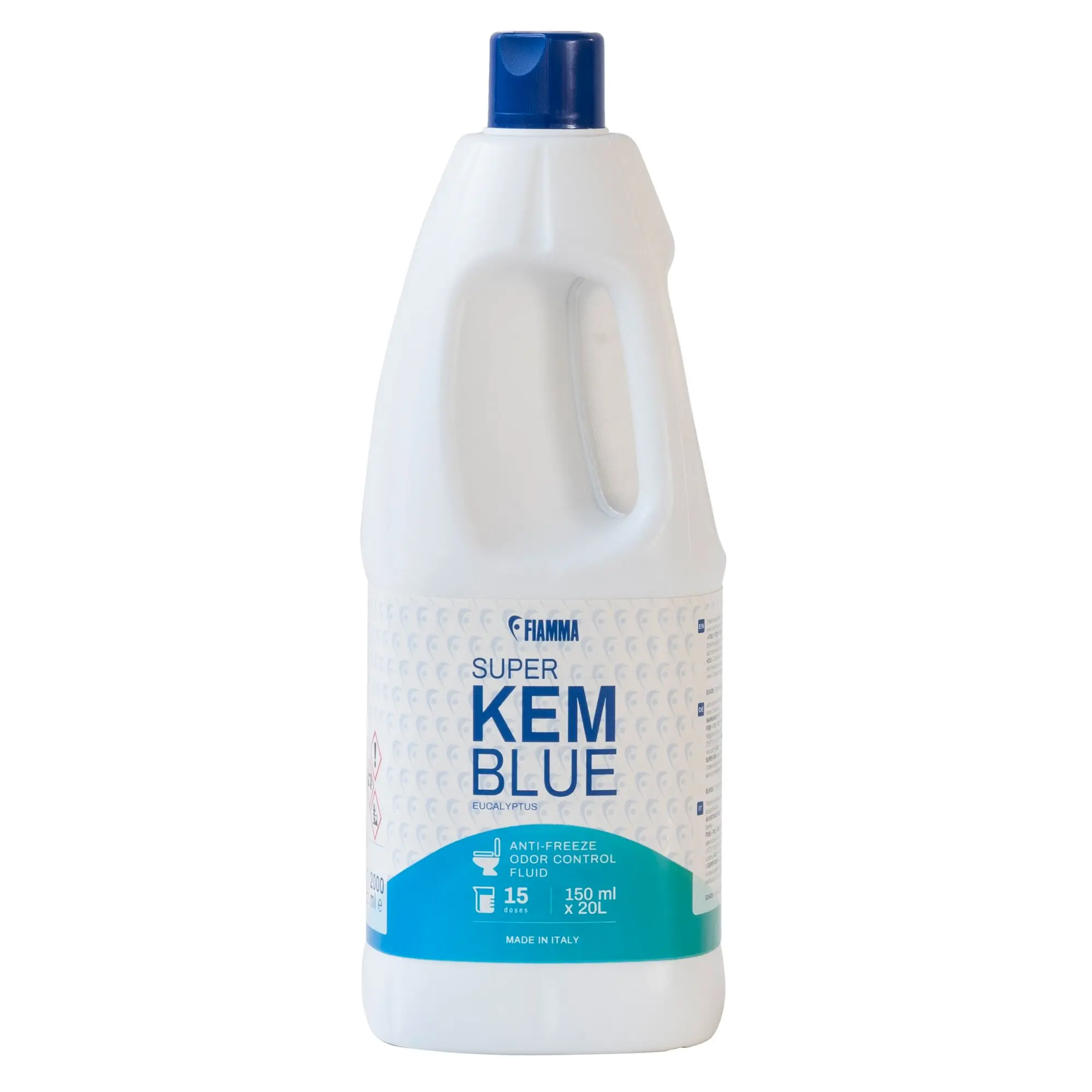Weiße Kunststoffflasche mit blauem Schraubverschluss, leicht abgerundete Form, Etikett mit blauer Schrift SUPER KEM BLUE und FIAMMA-Logo