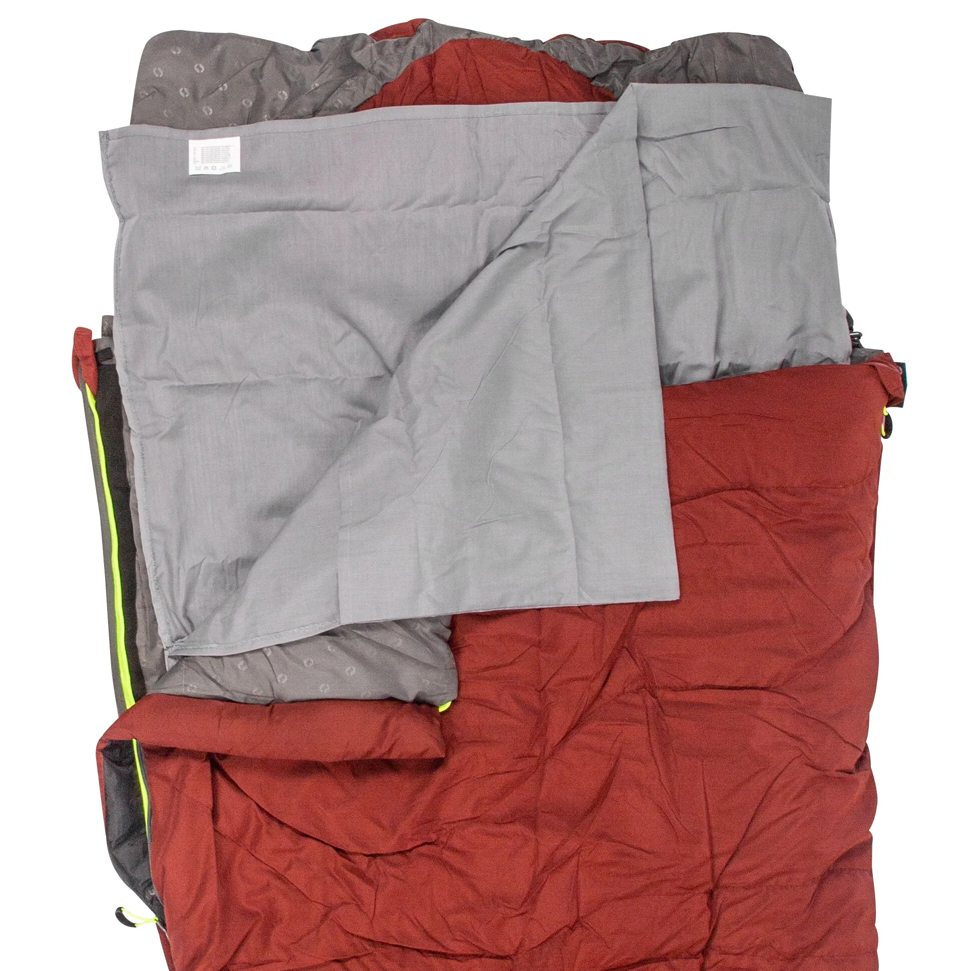 Hüttenschlafsack Avola in Rot mit aufgeklapptem grauem Innenfutter, Reißverschluss und kontrastierenden neongelben Details