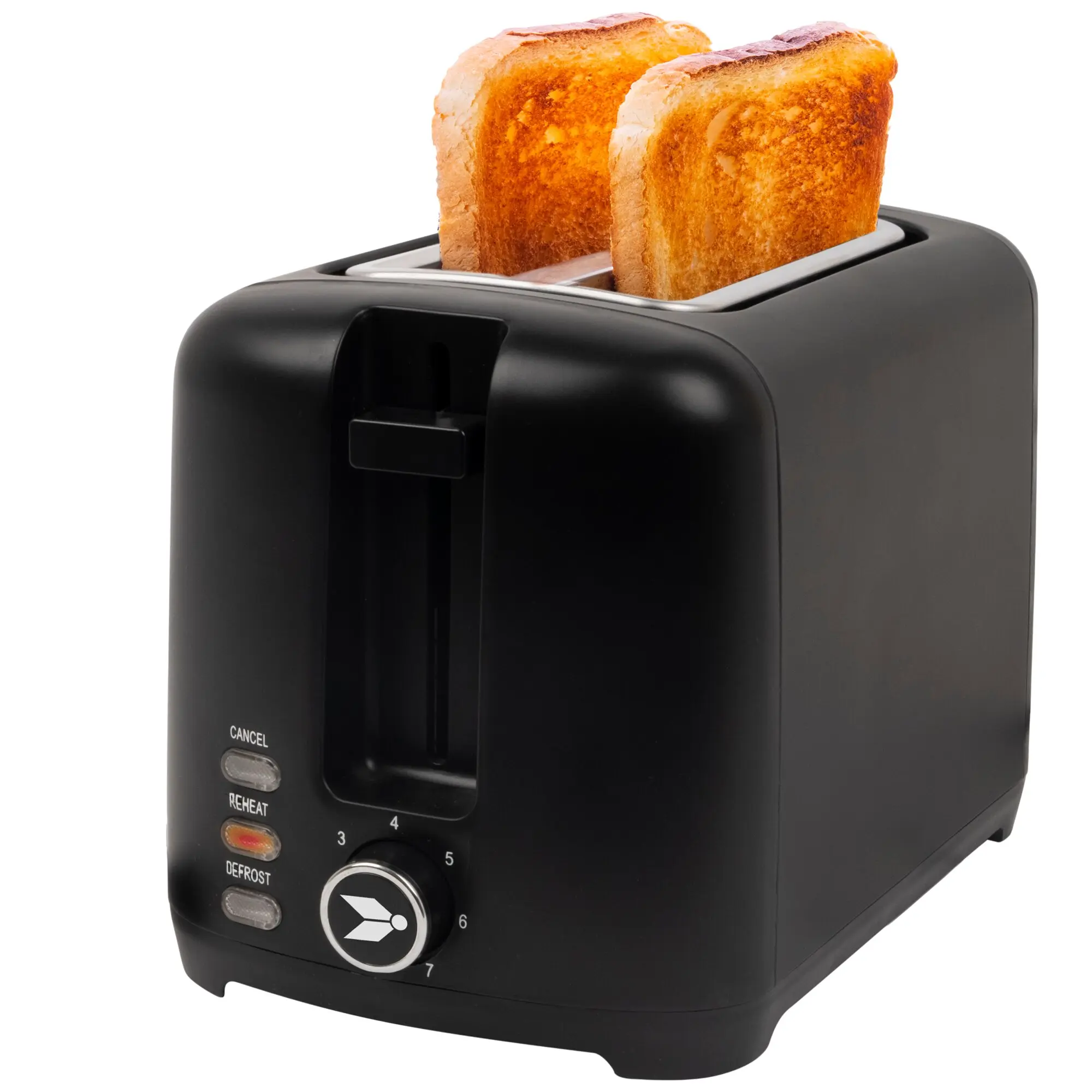 Schwarzer Zweischlitz-Toaster mit goldbraun getoasteten Brotscheiben, Frontbedienfeld mit CANCEL REHEAT DEFROST und Brot-Icon-Knopf