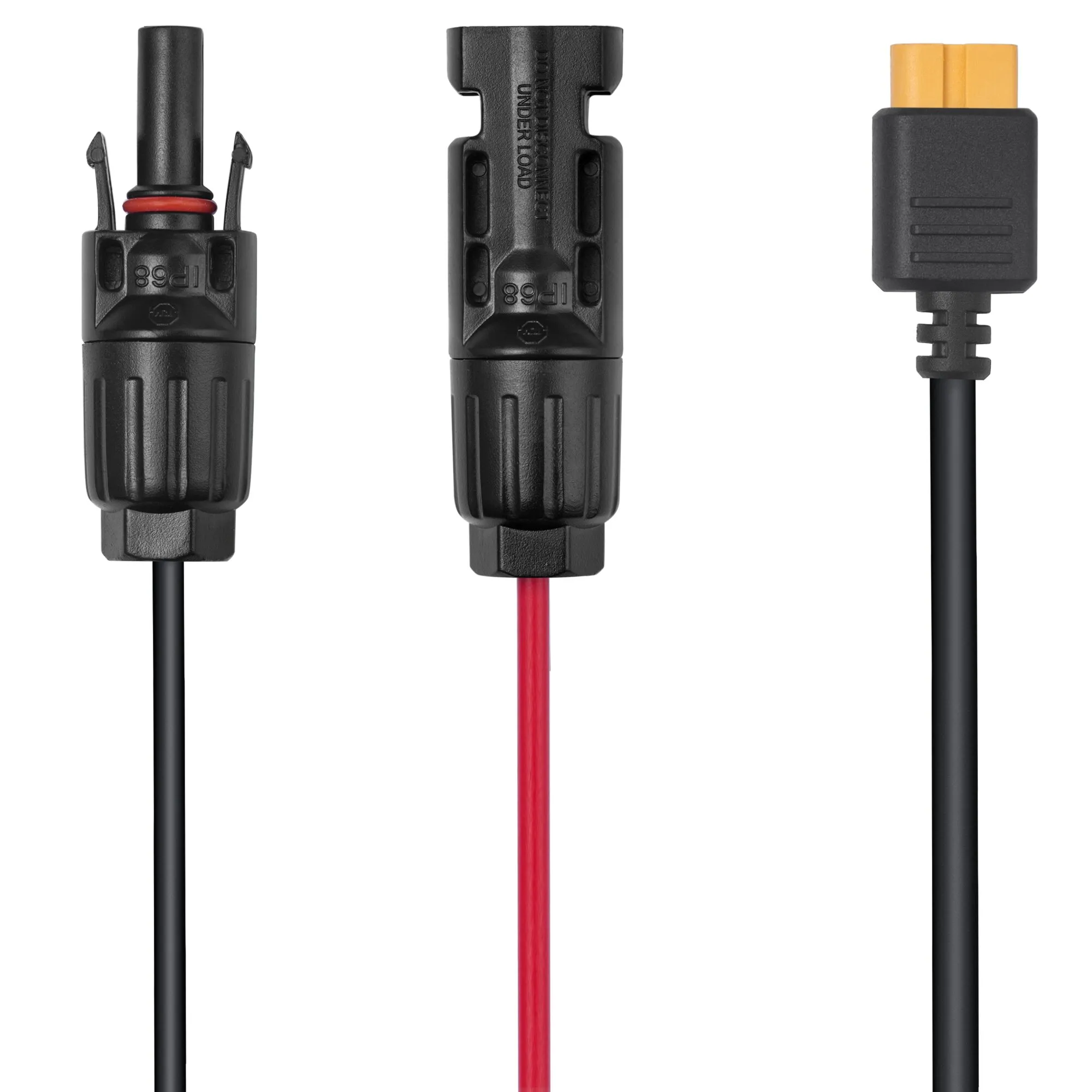 MC4-auf-XT60i-Solarkabel mit 3,50 m Länge, schwarzen und roten Leitungen sowie zwei MC4-Steckern und gelbem XT60i-Stecker