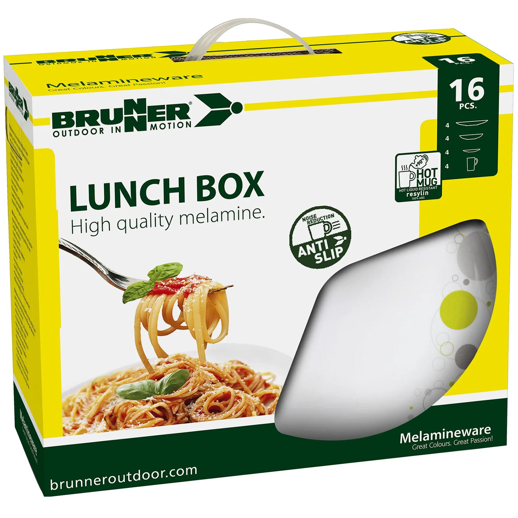 Brunner Geschirrset Space aus weißem Melamin in Verpackung, 16-teilig mit Tellern, Schalen und Bechern