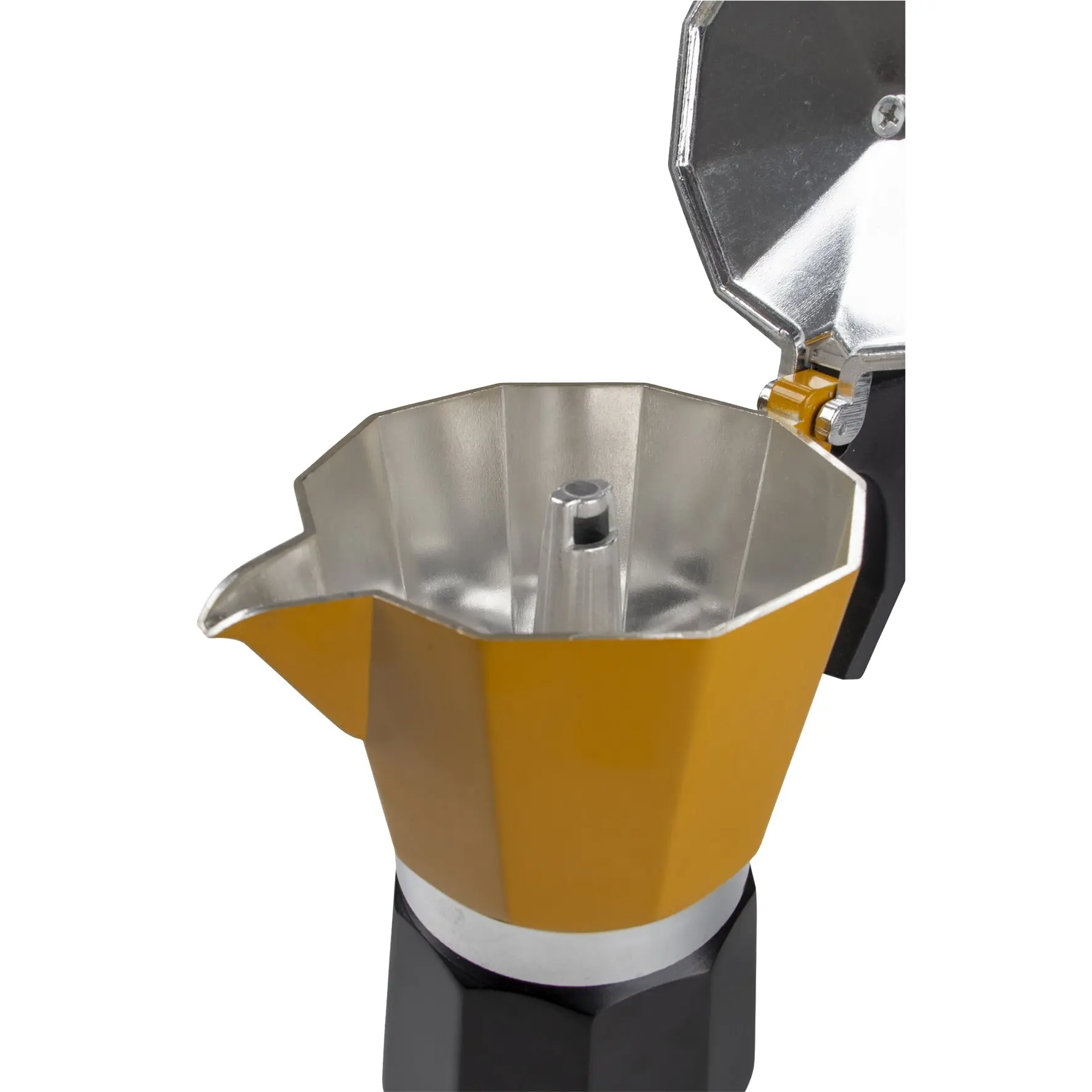 Hudson Kaffeebereiter Detailaufnahme: orangefarbenes Gehäuse, silberne Innenkammer, geöffneter Deckel, sichtbares Scharnierteil