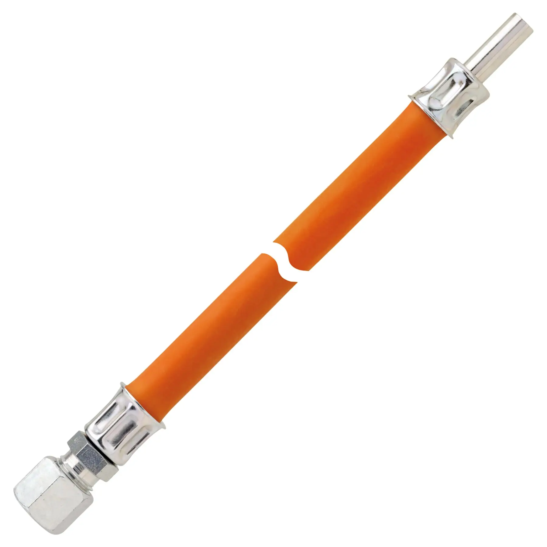 Orangefarbene Gas-Hochdruckschlauchleitung 10 bar, 400 mm lang, mit silberfarbenen RVS- und RST-8-Anschlüssen