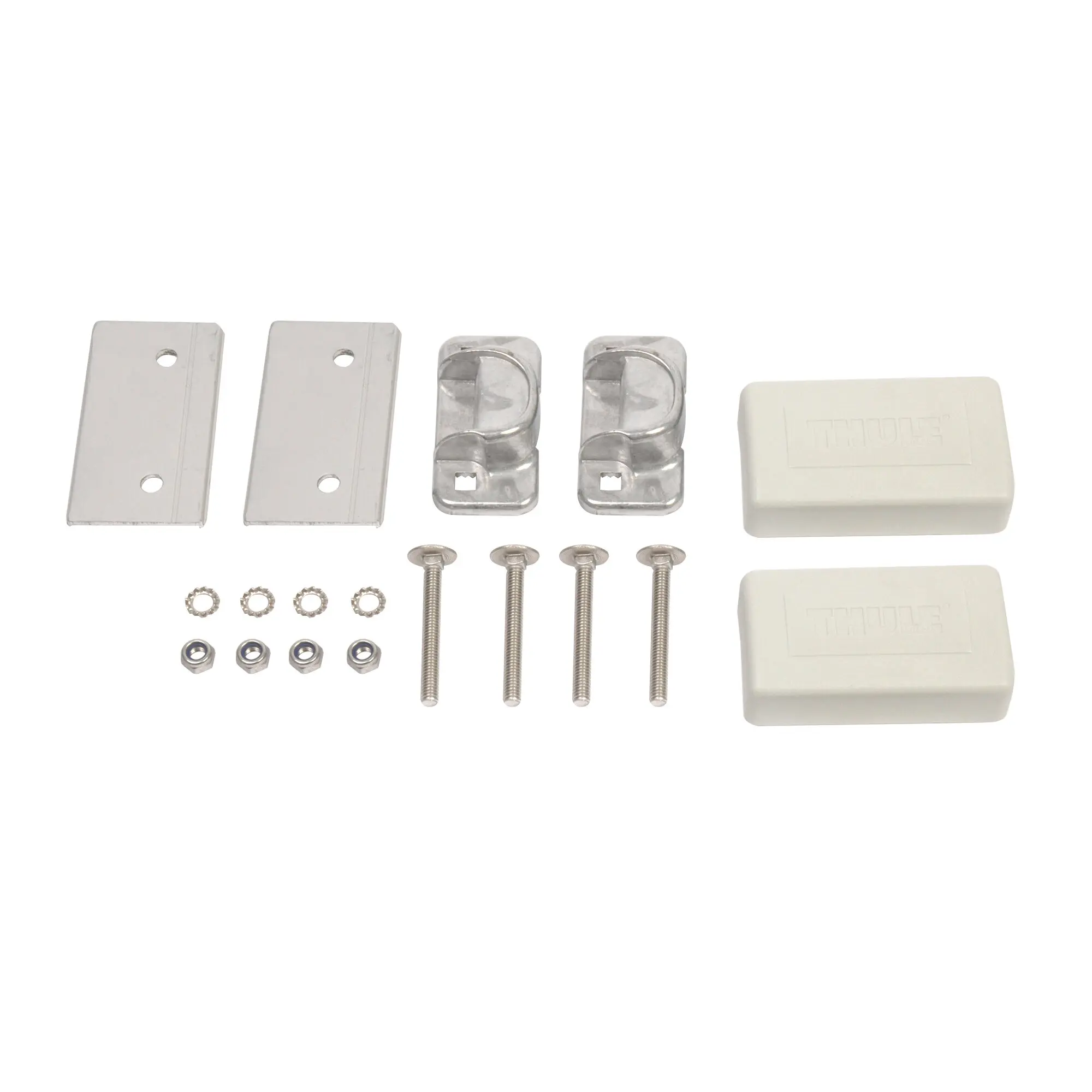 Set oberer Tragrahmenhalter für Thule Sport/Elite/G2/Lift mit zwei flachen Lochplatten, zwei U-Halterungen und zwei weißen Kunststoffblöcken