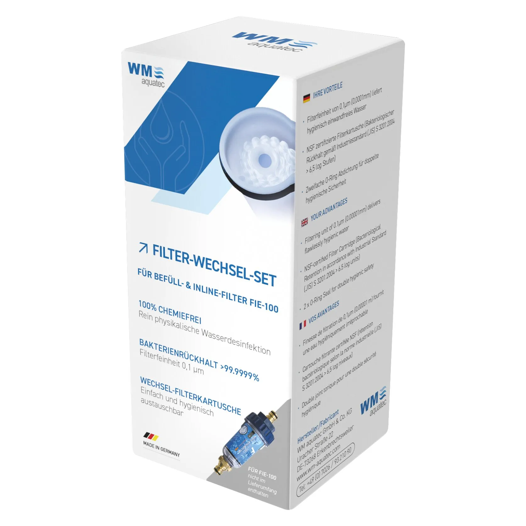 WM aquatec Filterwechsel-Set FIE-100 für Befüll- und Inlinefilter in weißer Verpackung mit abgebildeter Filterkartusche