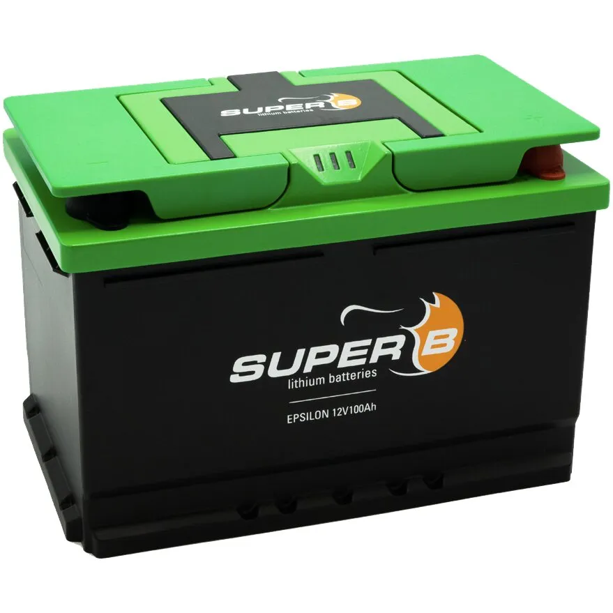 Schwarze Lithiumbatterie Super B Epsilon LiFePO4 mit grünem Gehäusedeckel, 12 V und 100 Ah, Frontansicht