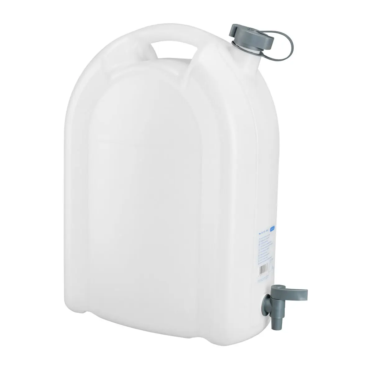 Weißer Kunststoff-Wasserkanister, 20 Liter, mit Tragegriff oben, grauem Deckel mit Schlaufe und seitlichem Auslaufhahn unten rechts