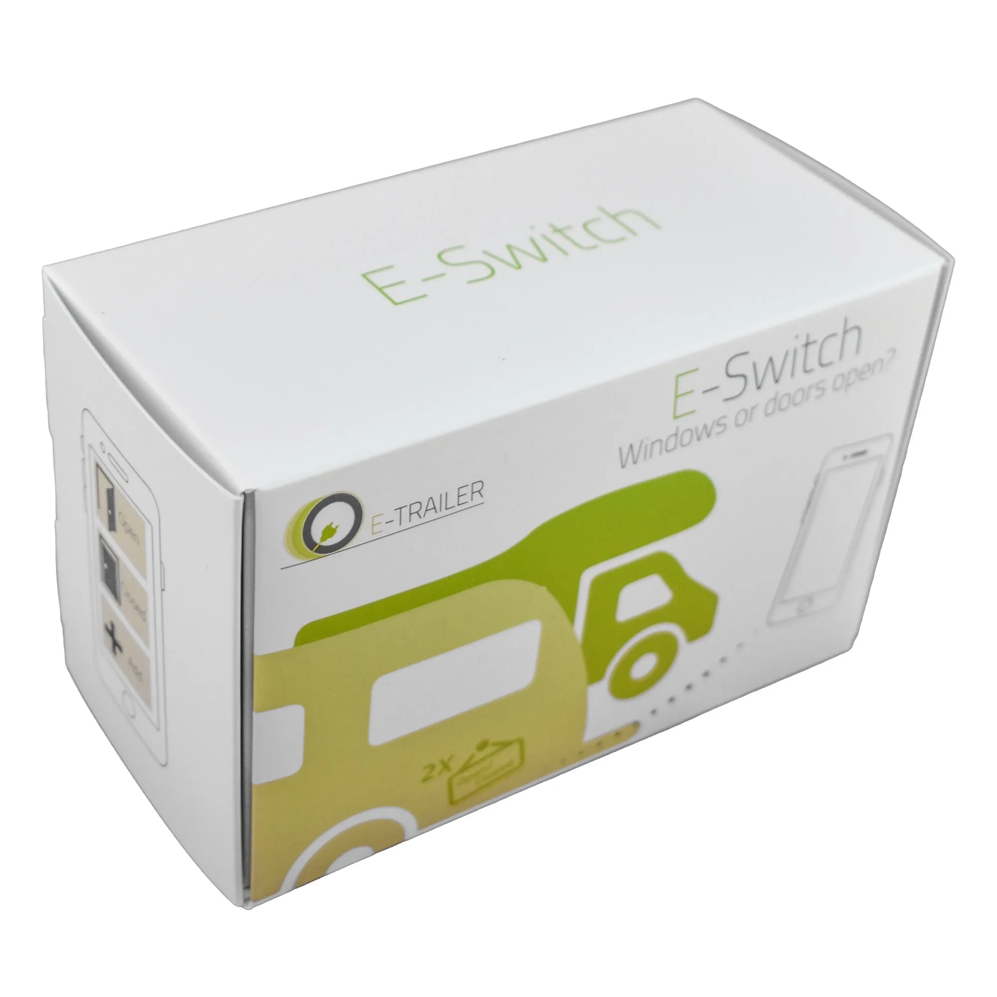 Weiße E-Switch-Verpackung für einen Sensor zur Überwachung von Fenstern und Türen mit grünem Wohnwagenmotiv