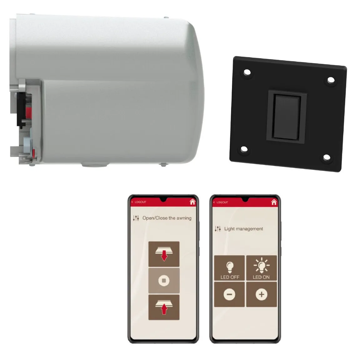 Motor Kit Advanced F45s in Titan mit grauem Motor, schwarzem Wandschalter und zwei Steuerungs-Apps für Markise und LED-Beleuchtung