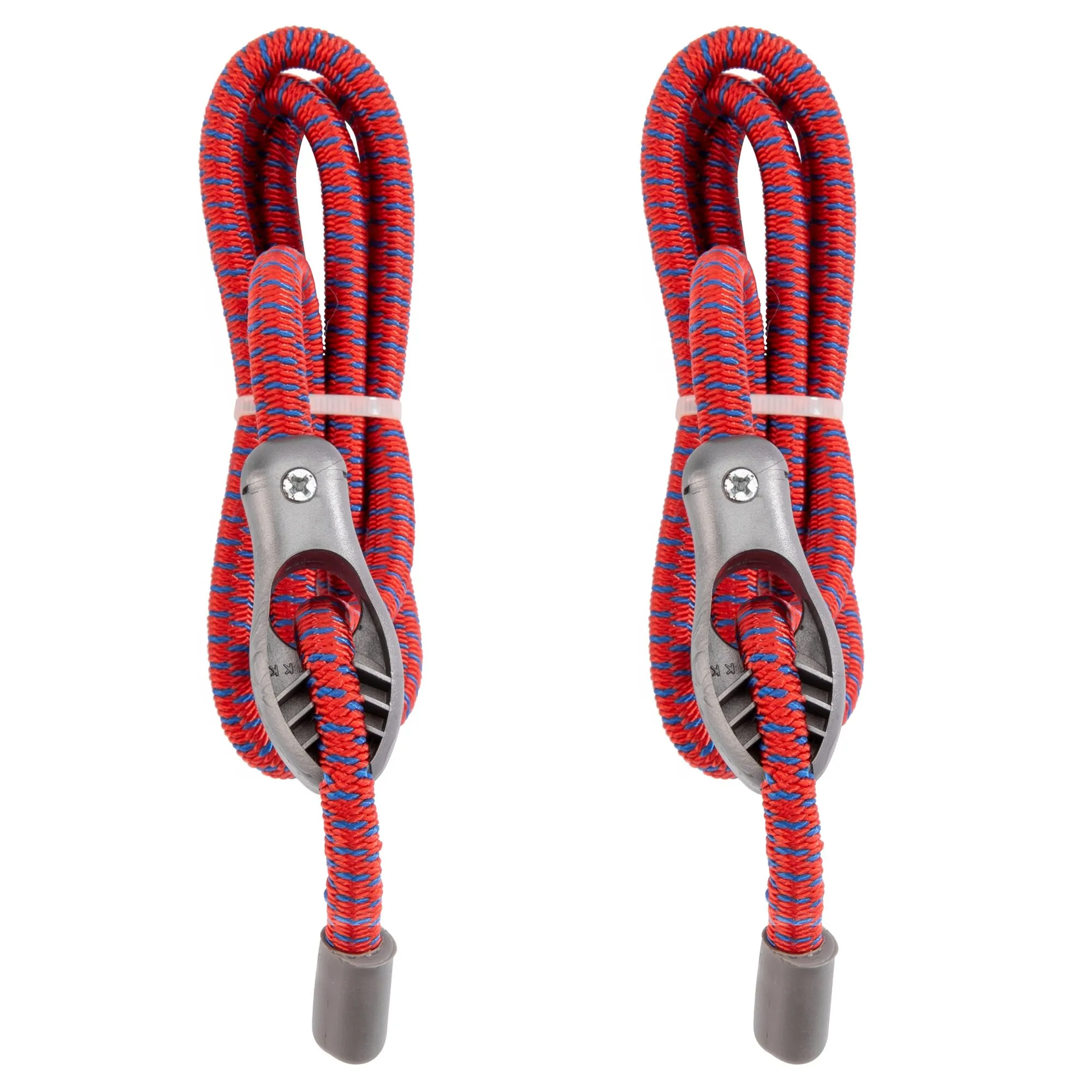 Easy Fix mit Klemmarretierung im 2er-Set, zwei rot-blau geflochtene Spanngummis mit grauen Metallklemmen und Endkappen