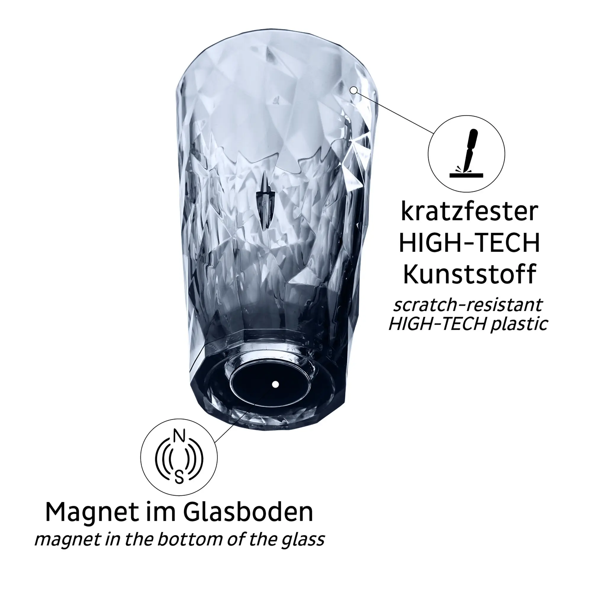 Facettiertes graues Kunststoff-Longdrinkglas mit Magnet im Glasboden, glänzende, facettenreiche Oberfläche