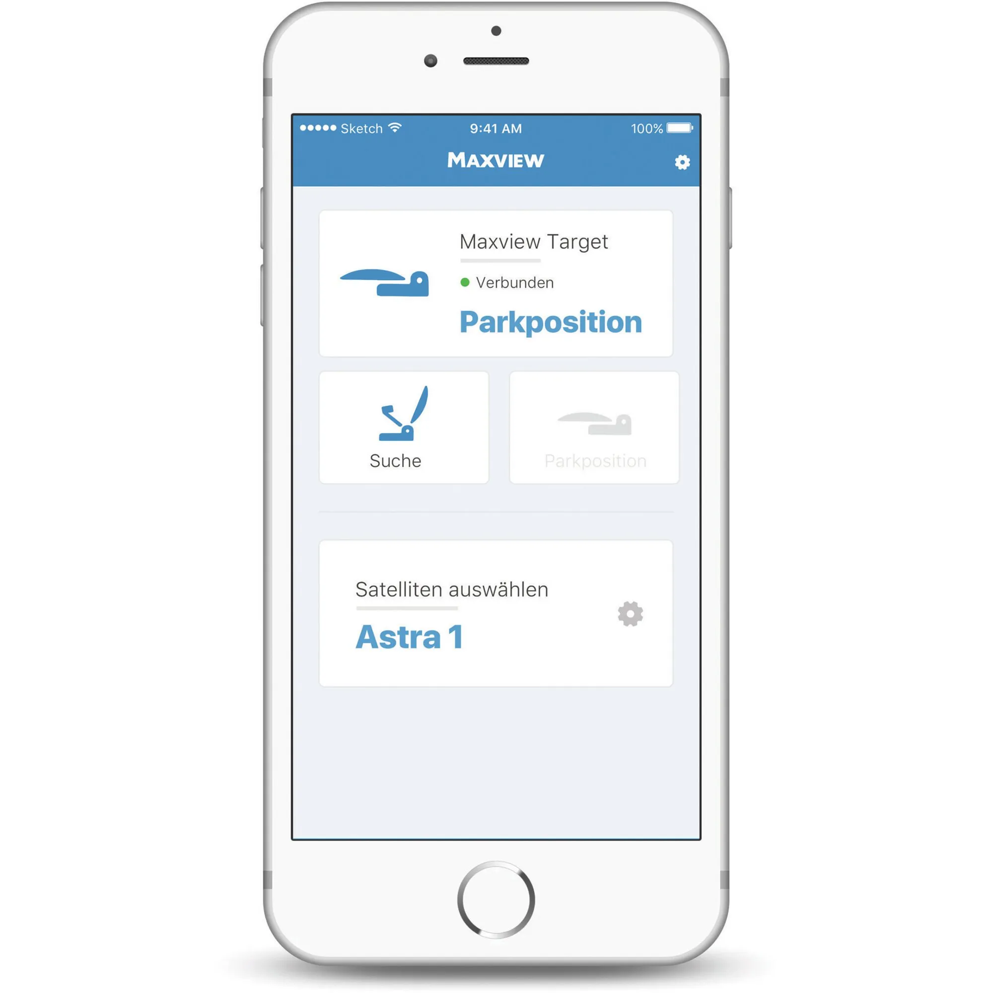 Smartphone mit Maxview-App zur Steuerung der Sat-Anlage Target Connect: verbunden, Parkposition und Astra 1 ausgewählt
