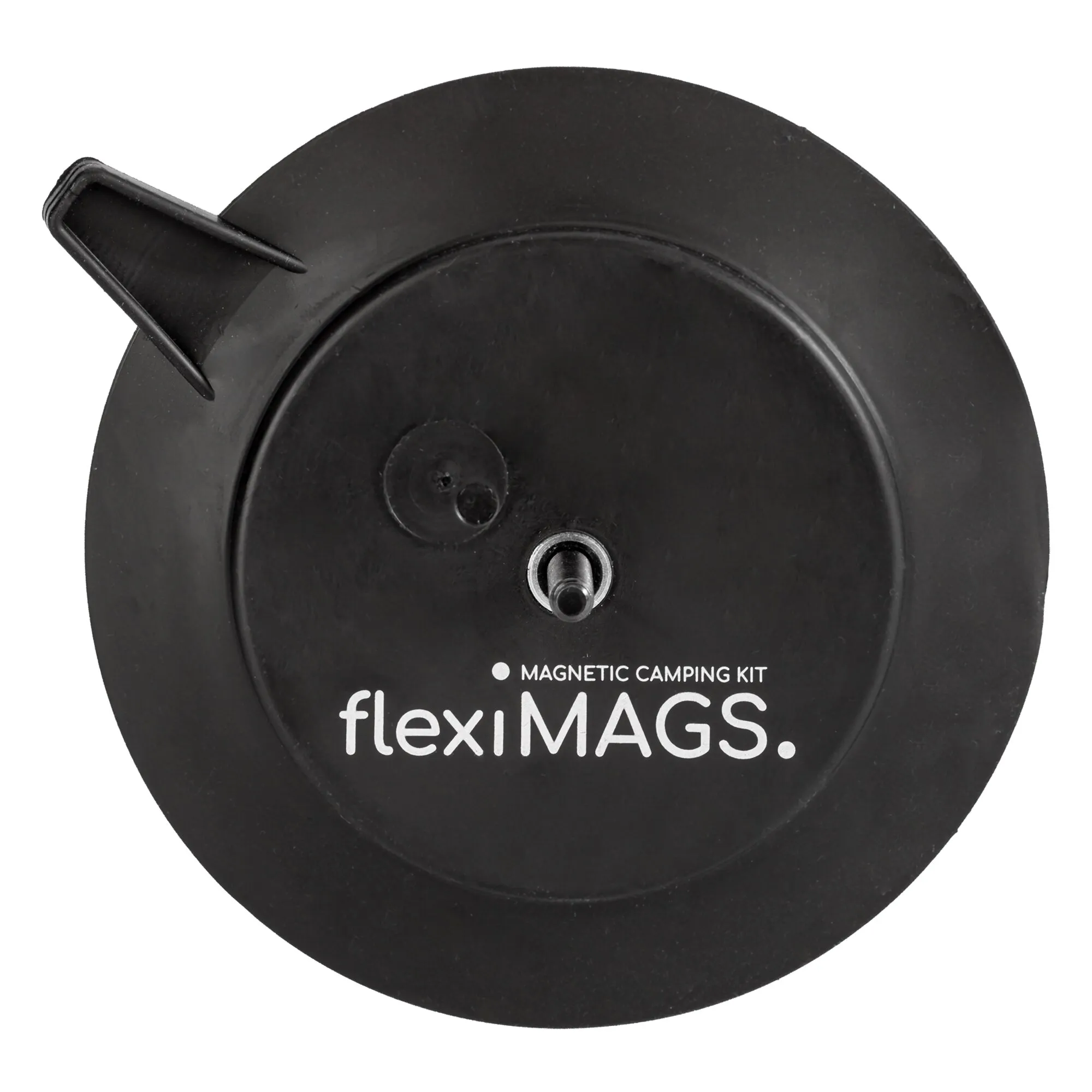 Schwarzer runder Magnethalter 125s flexiMAGS mit zentralem Gewinde und seitlicher Lasche, Beschriftung Magnetic Camping Kit