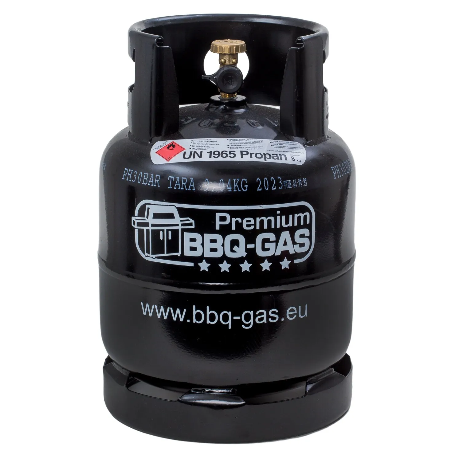 Schwarze BBQ-Gasflasche aus Metall mit Schutzkragen, Ventil und Aufdruck UN 1965 Propan, 8 kg