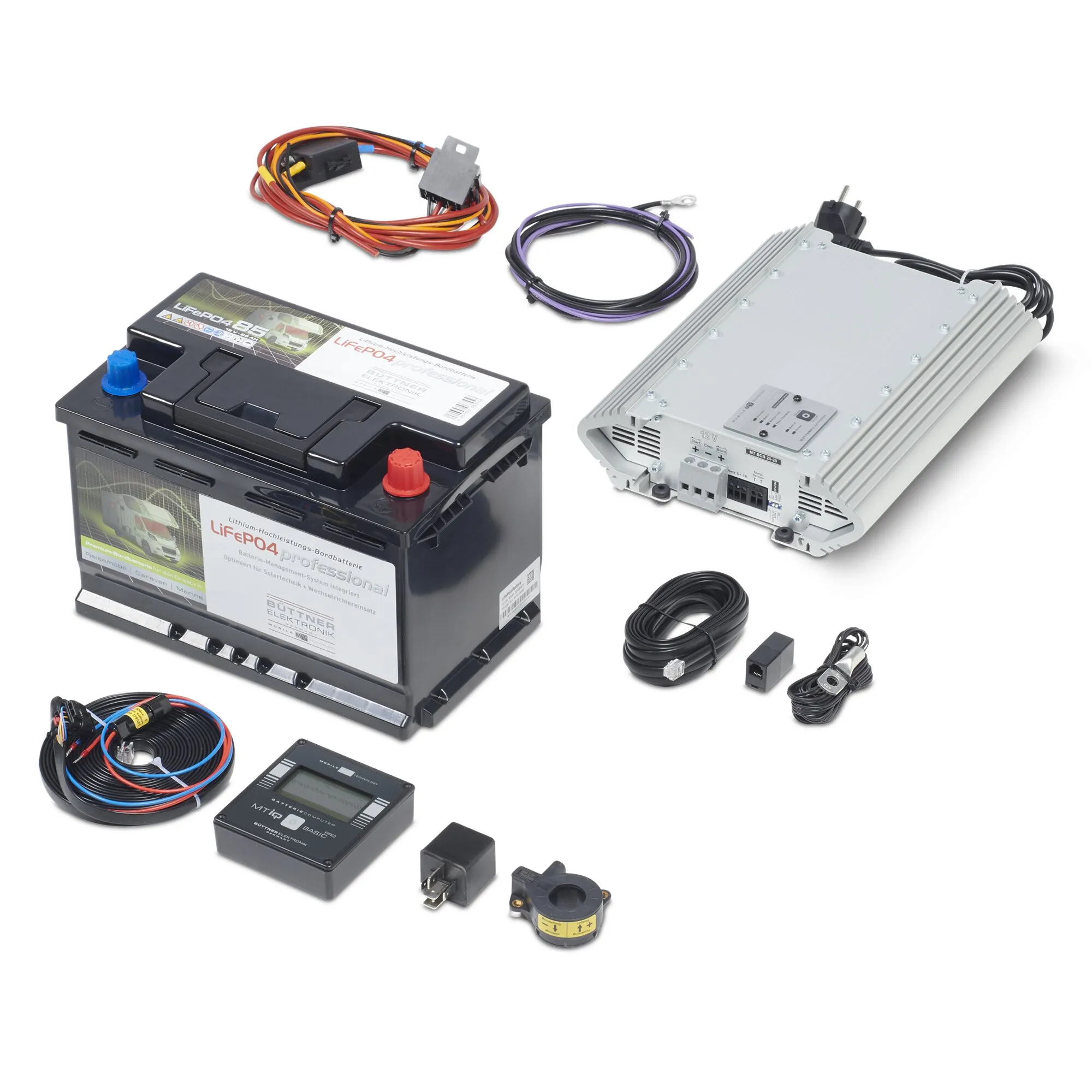 Lithium-Batterie-Power-Set mit schwarzer LiFePO4-Batterie 85 Ah, Ladegerät, Kabeln, Display und Zubehörteilen
