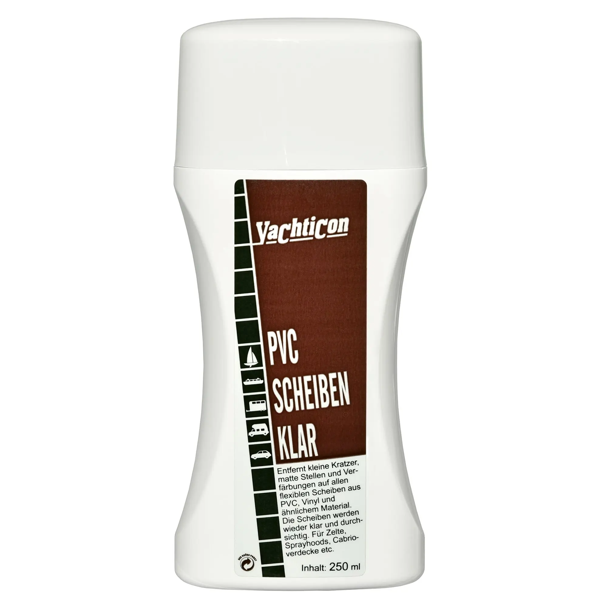 Weiße Kunststoffflasche mit flachem Deckel; braunes Etikett mit Icons und dem Wort PVC Scheibenreiniger Klar, Inhalt 250 ml