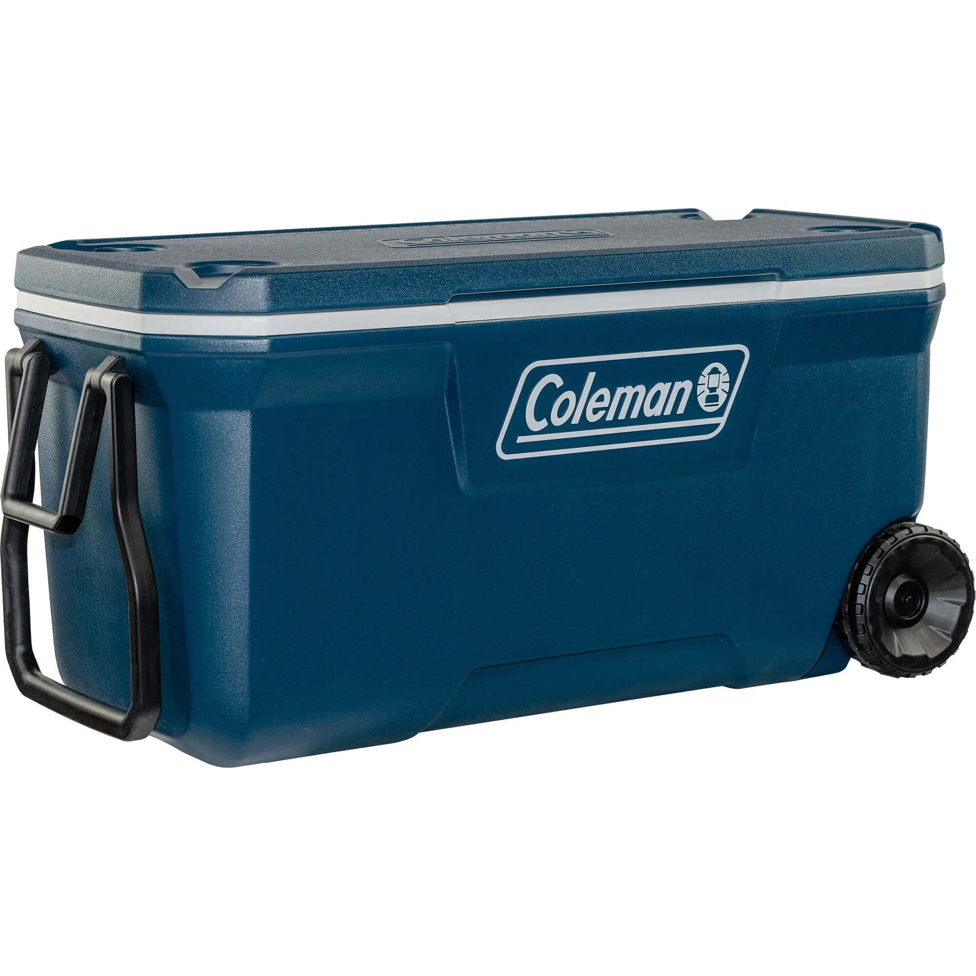 Coleman Xtreme Wheeled Cooler QT Kühlcontainer in Dunkelblau mit 94 Litern Fassungsvermögen, Deckel, Tragegriffen und Rädern