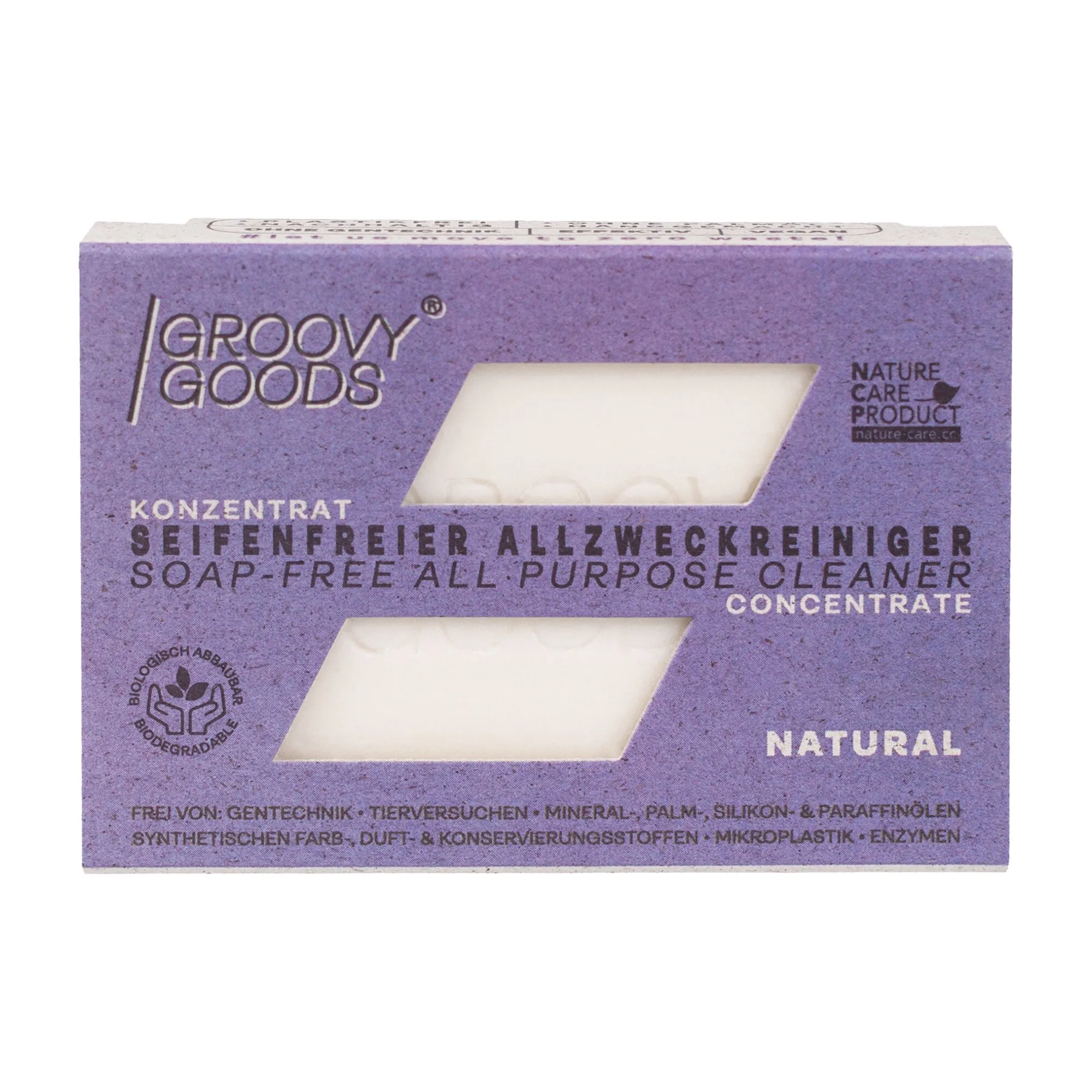 Violette Verpackung von Groovy Goods mit seifenfreiem Allzweckreiniger-Konzentrat, Natural, und Sichtfenstern für weiße Reinigungstücher