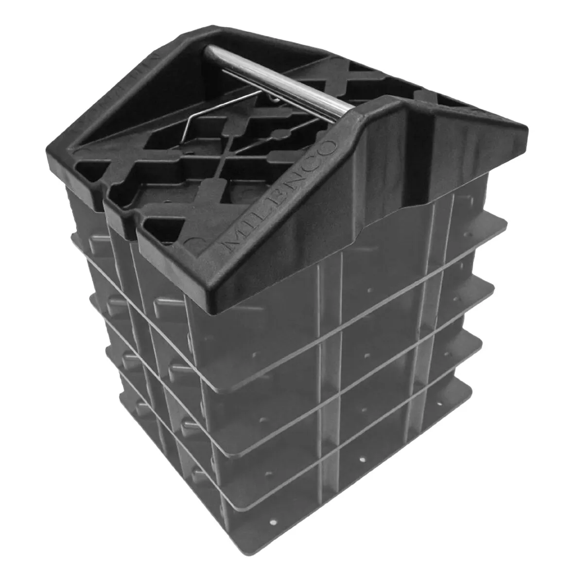 Schwarzes Stützplattenset Corner Feet mit mehreren ineinandergestapelten Kunststoffplatten und Metallbügeln an der Oberseite