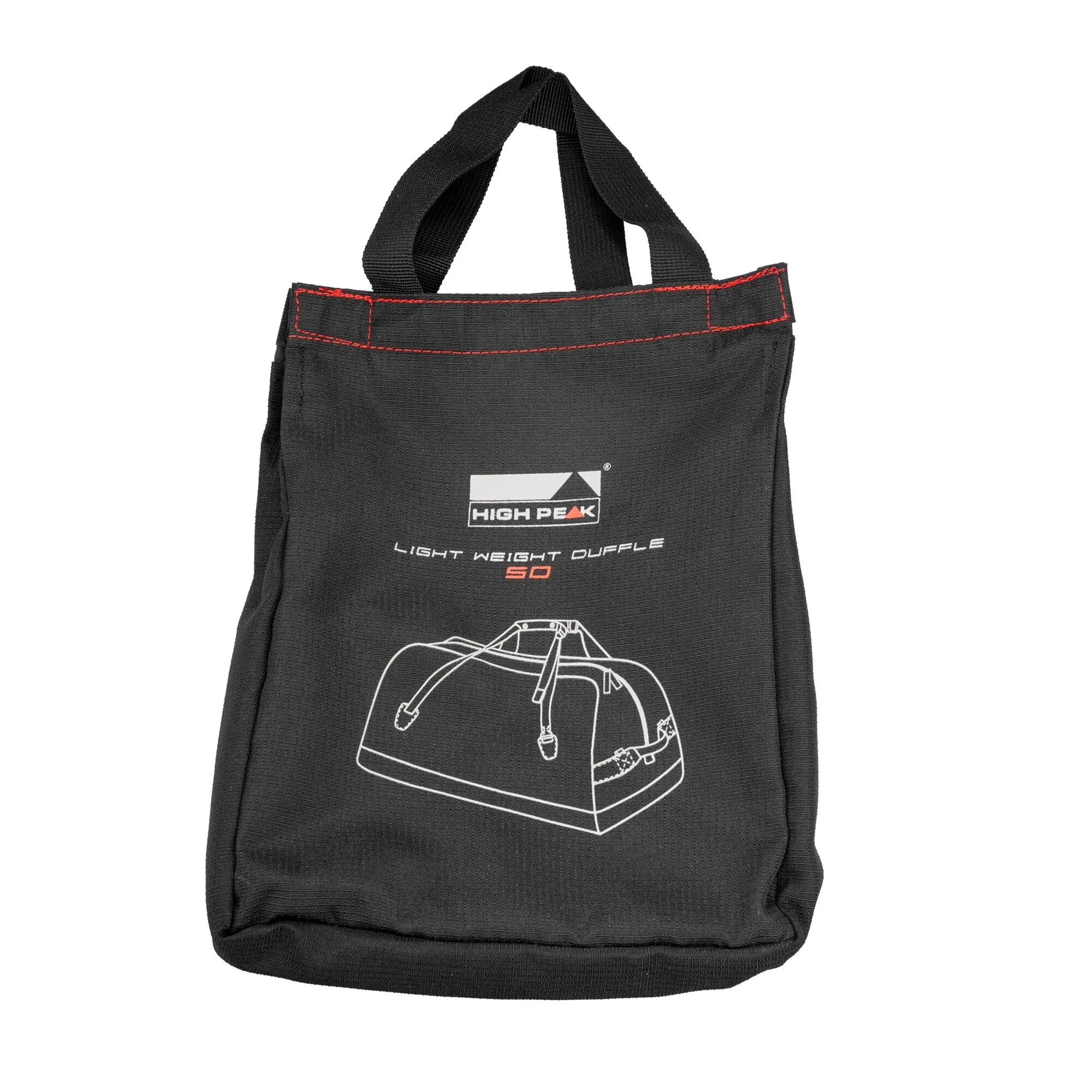 Schwarze Reisetasche Cosmos Duffle 50S von High Peak mit zwei Tragegriffen, roten Nähten und aufgedruckter Taschenillustration