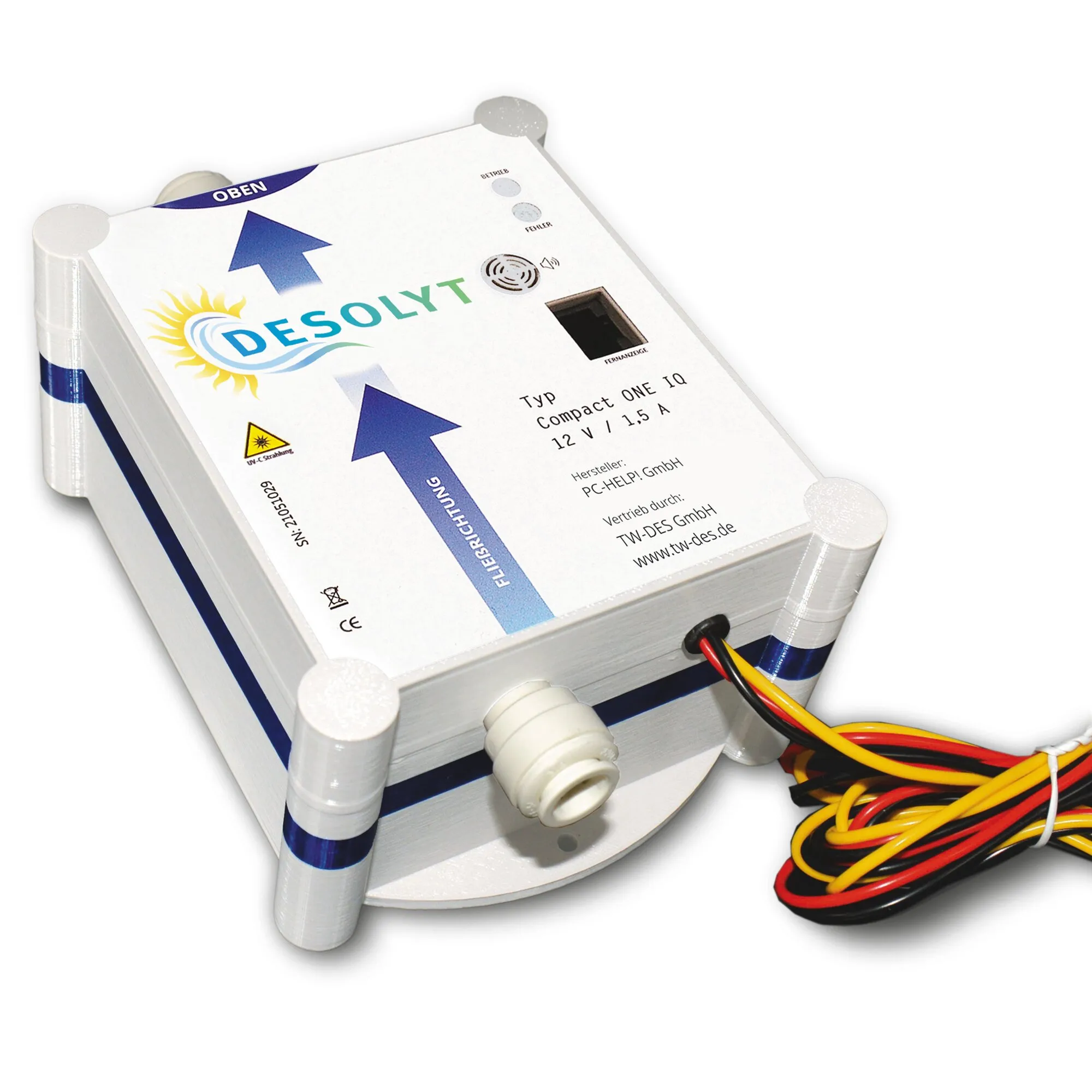 Desolyt Compact ONE IQ Sense Wasserdesinfektionsgerät in weißem Gehäuse mit Anschlüssen, Kabeln und Bedienfeld-relevanten Markierungen