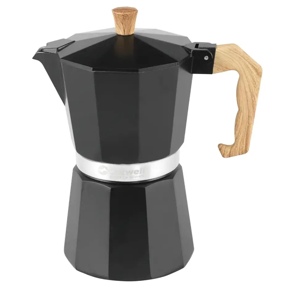 Schwarzer, facettierter Espresso-Moka-Topf mit Holzgriff und Holzknopf auf dem Deckel, silbernem Ring in der Mitte