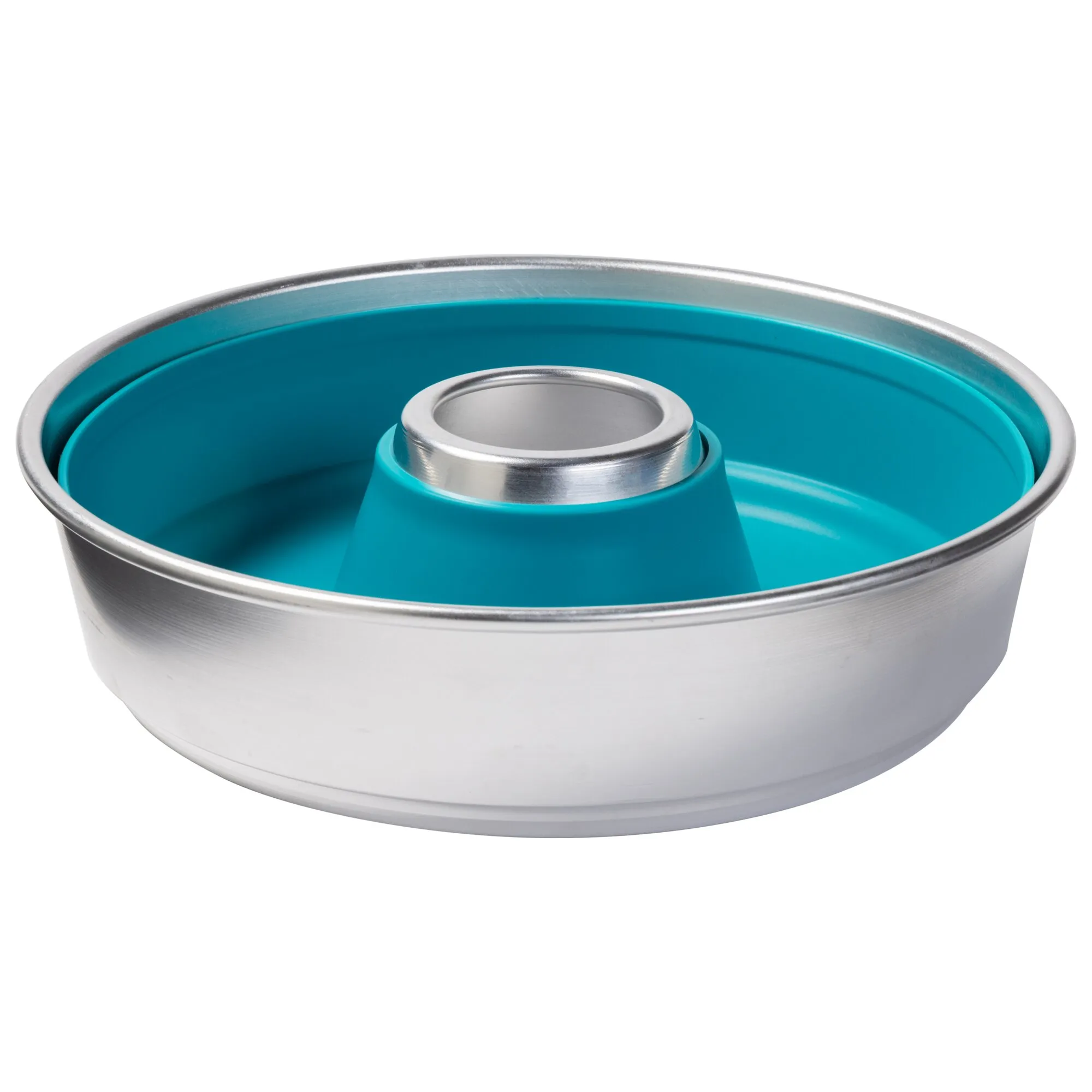 Türkise Silikon-Backform mit rundem Metallrand und zentralem Metallrohr für Kuchen mit Loch in der Mitte