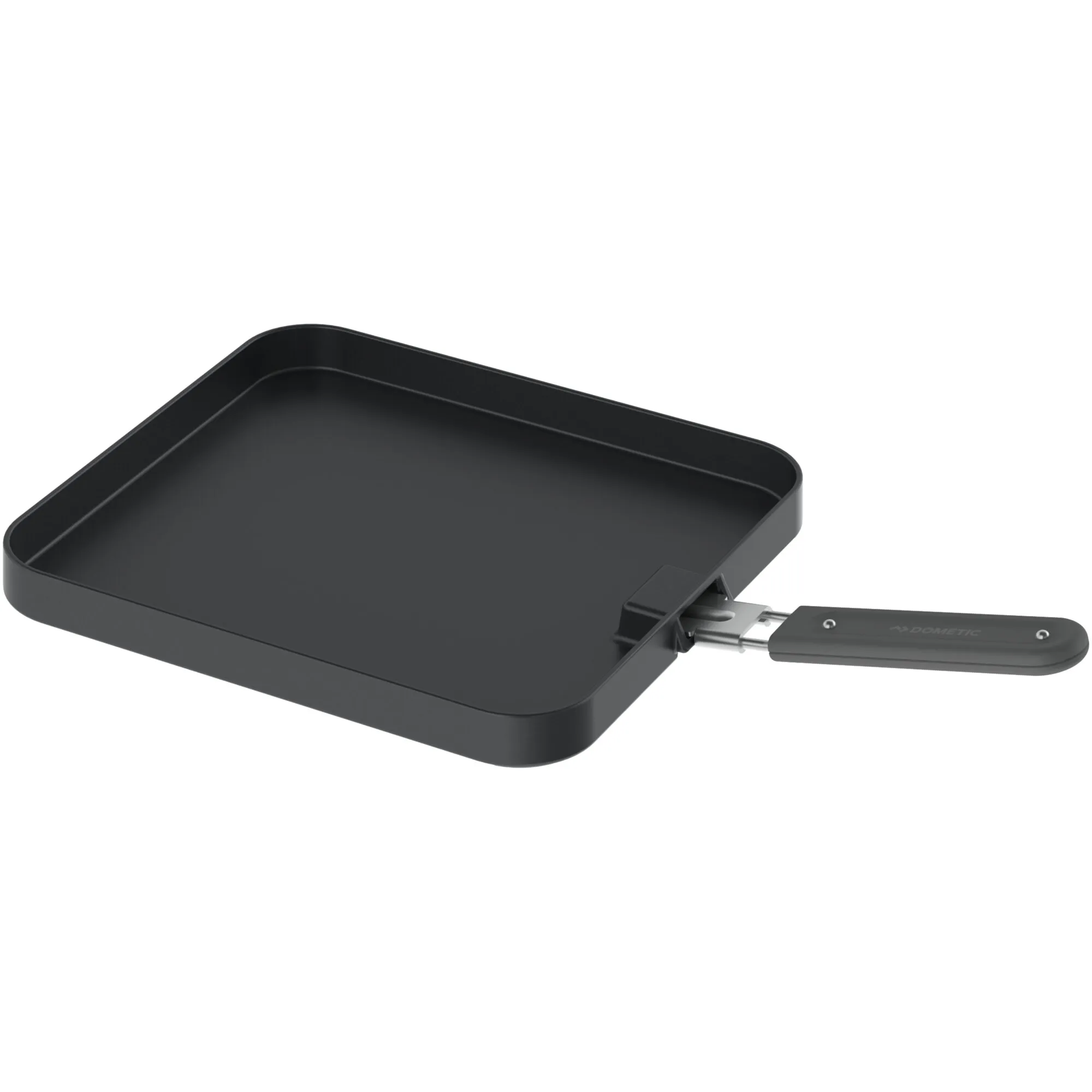 Schwarze rechteckige Universal-Backplatte mit erhöhtem Rand und klappbarem Dometic-Griff in schräger Innenansicht