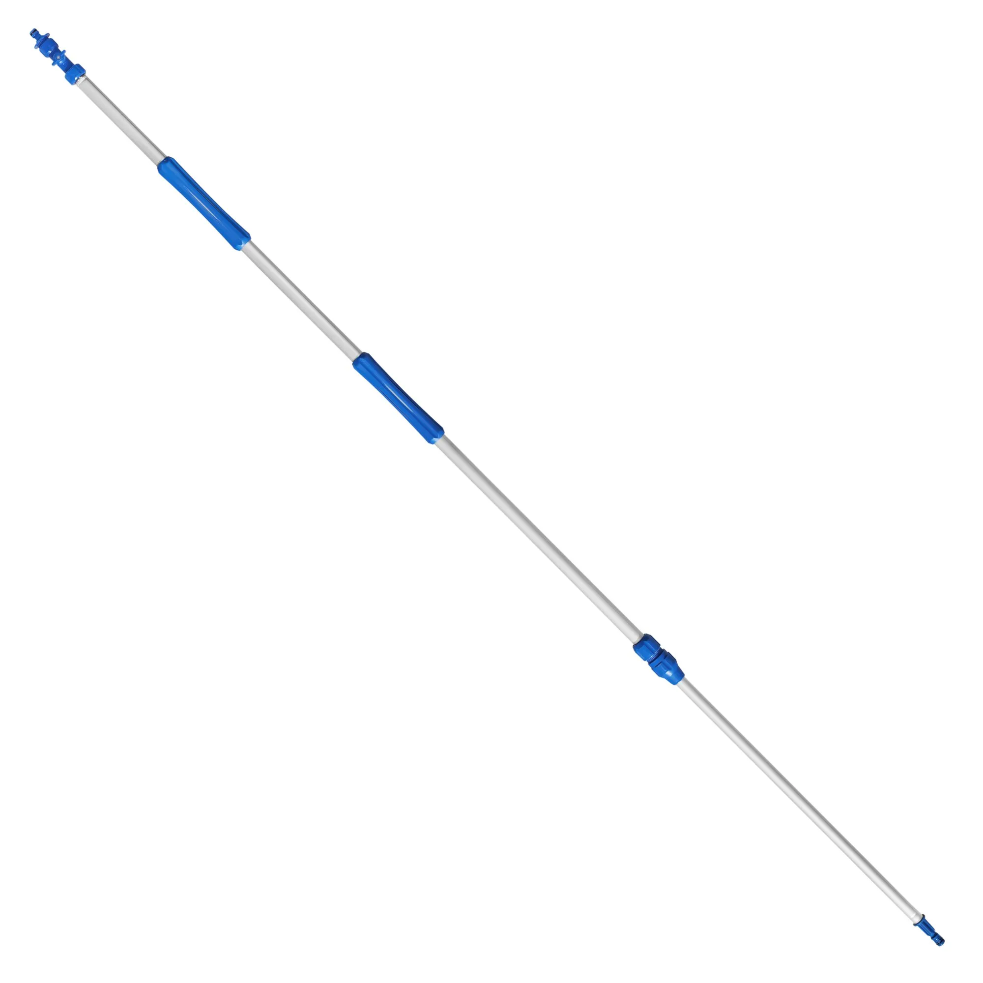 160 cm lange Wasserdurchlaufstange aus silbernem Metall mit blauen Griffen und Anschlüssen an beiden Enden
